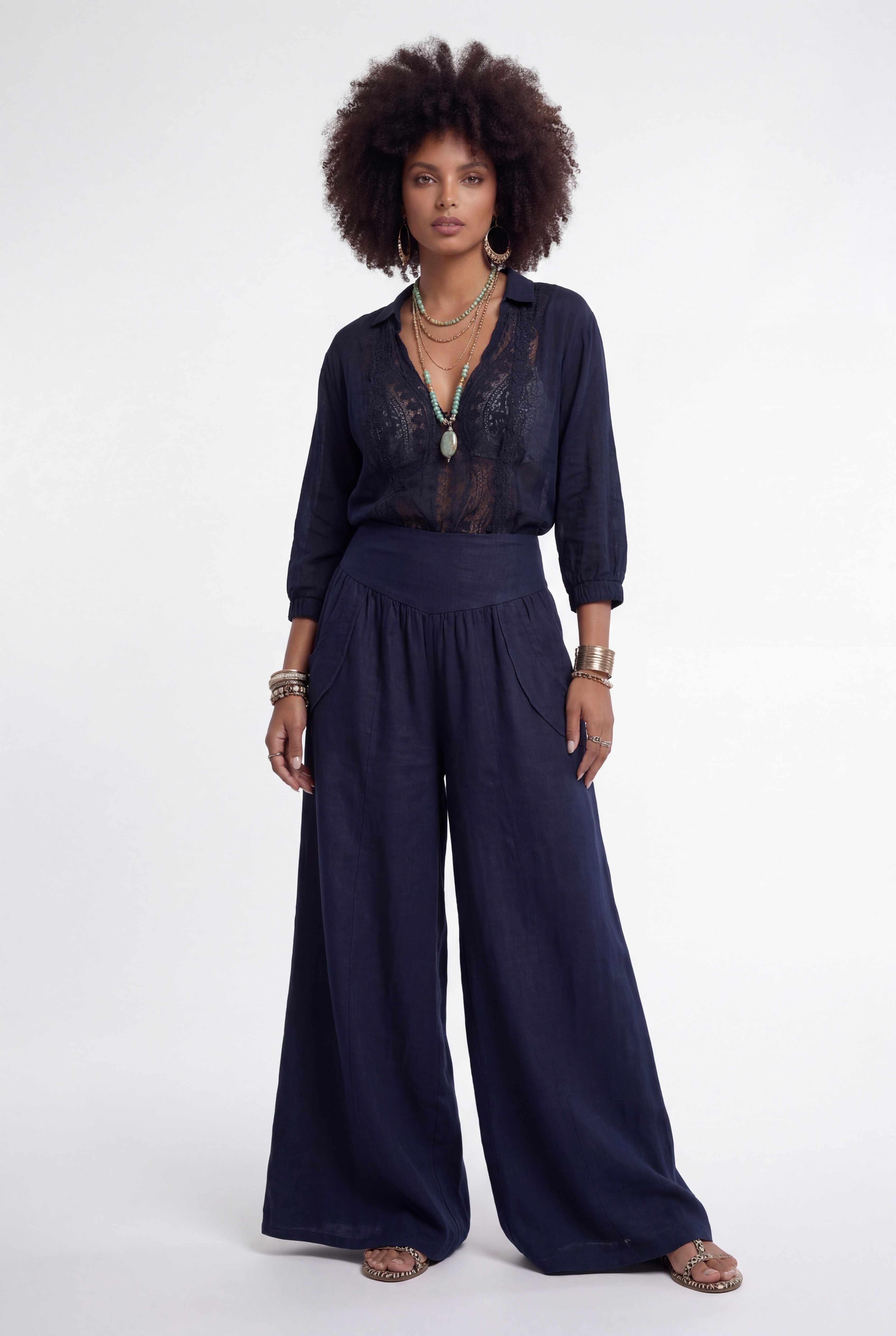 YC Fashion & Style Leinenhose Palazzo Hose weit – Sommerhose mit elastischem Bund und Taschen in Unifarbe