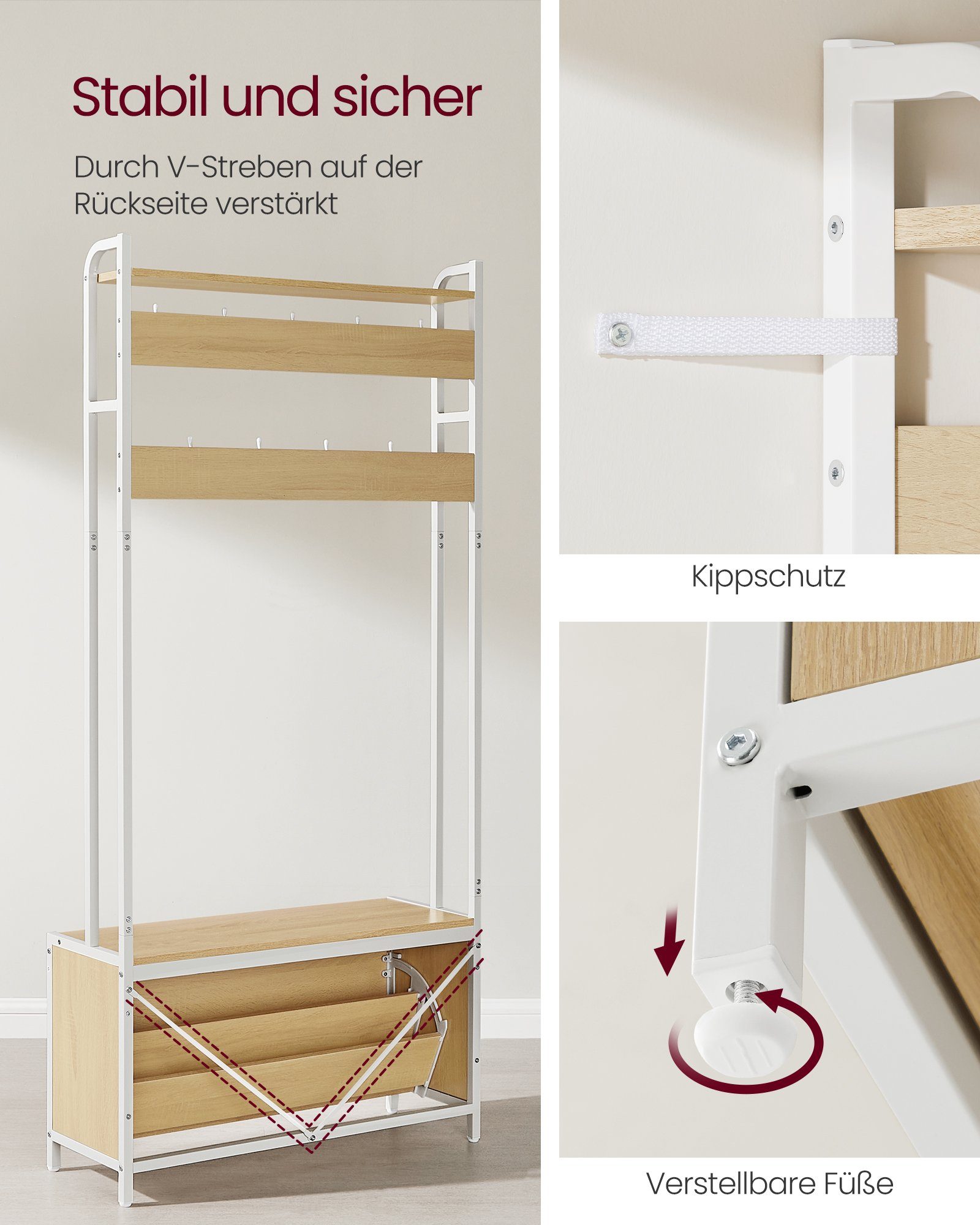 30 85 180 Garderobe, VASAGLE Eichenfarben-Weiß Sitzbank, x cm Garderobenständer mit x