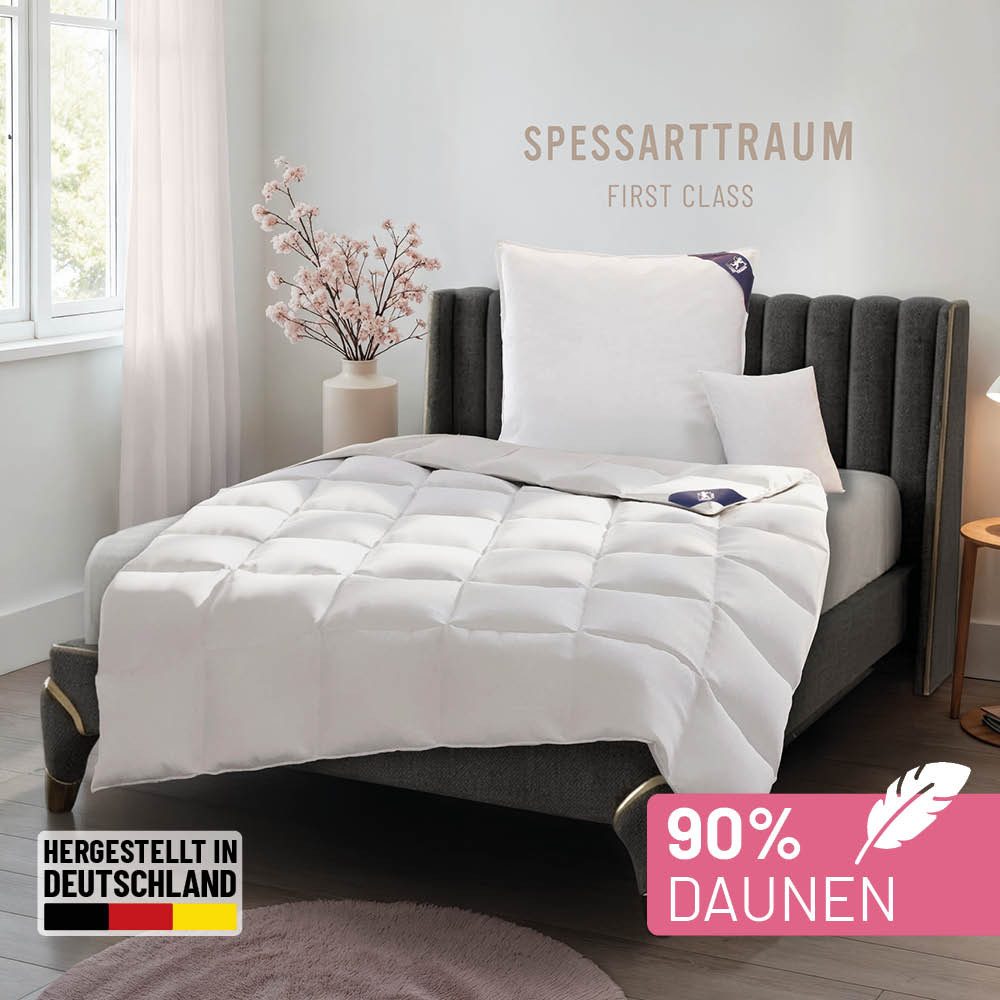 SPESSARTTRAUM Daunenbettdecke First Class, Füllung: 90% Daunen / 10% Federn, Klasse 1, Downpass zertifiziert, Bezug: 100% Baumwolle, Made in Green, Hausstauballergiker geeignet, 5 Wärmeklassen & 6 Größen, Bestseller