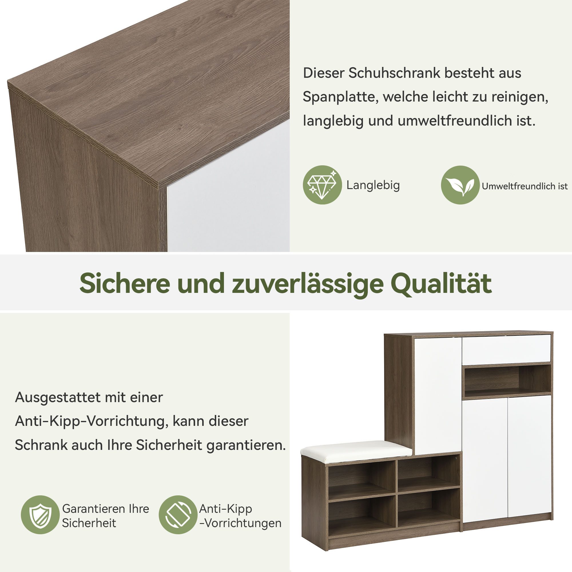 Flieks Schuhschrank (B140/T35/H110cm, 1-St., gepolsterter Sitzfläche, ca 20 Paar Schuhe) Schuhwechselhocker mit Seitenschrank Schuhbank Schuhregal – Bild 5 von 5
