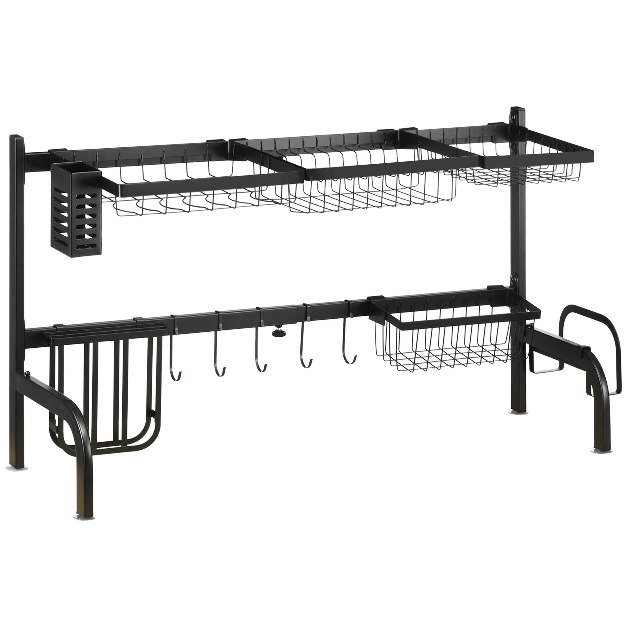 MC Star Geschirrständer 2-stufiges Geschirr-Abtropfgitter mit Haken und Abtropfschale, aus Stahl, Schwarz 51-93 cm für Küche