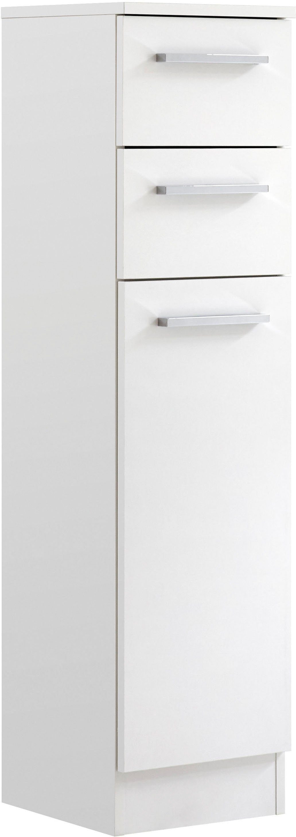 Saphir Unterschrank Quickset 335 Badschrank, 1 Wäschekippe, 2 Schubladen, 30 cm breit Badezimmer-Unterschrank, Weiß Glanz, Griffe in Chrom Glanz
