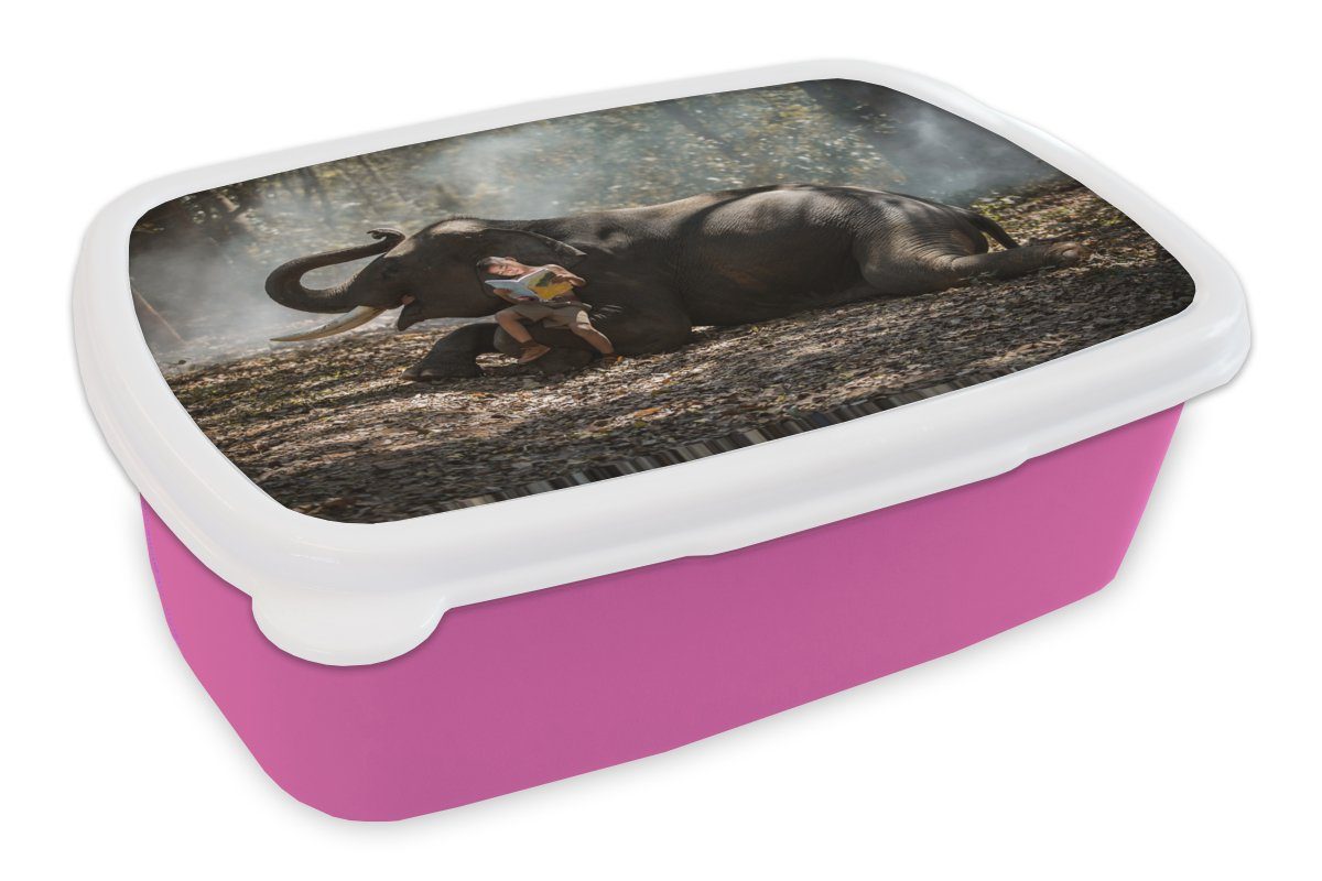 MuchoWow Lunchbox Elefant - Junge - Buch - Wald - Tiere - Natur, Kunststoff, (2-tlg), Brotbox für Erwachsene, Brotdose Kinder, Snackbox, Mädchen, Kunststoff rosa