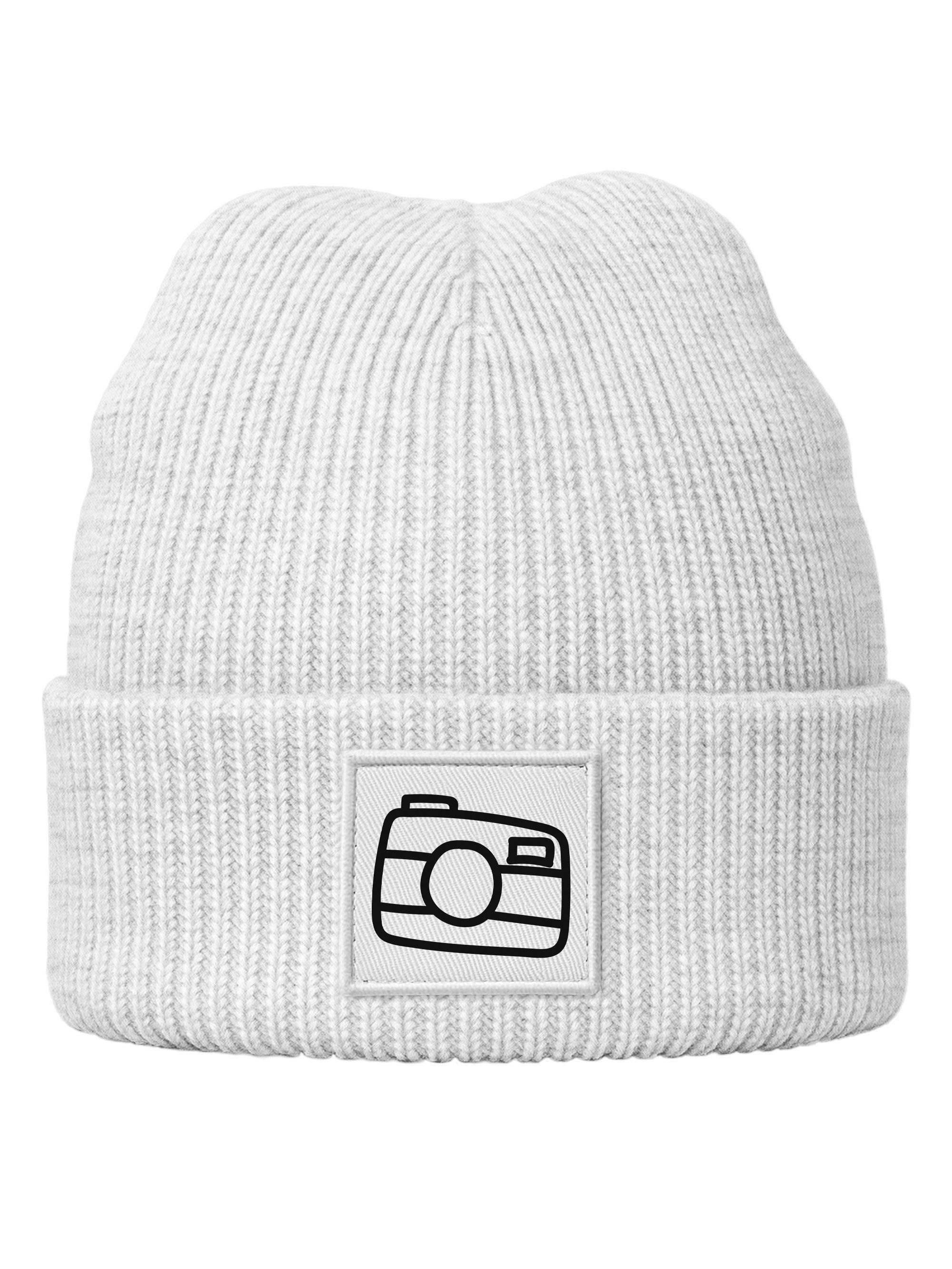 Strickmütze Damen Beanie Patch bedruckt Kamera Logo Aufdruck Print Wintermütze
