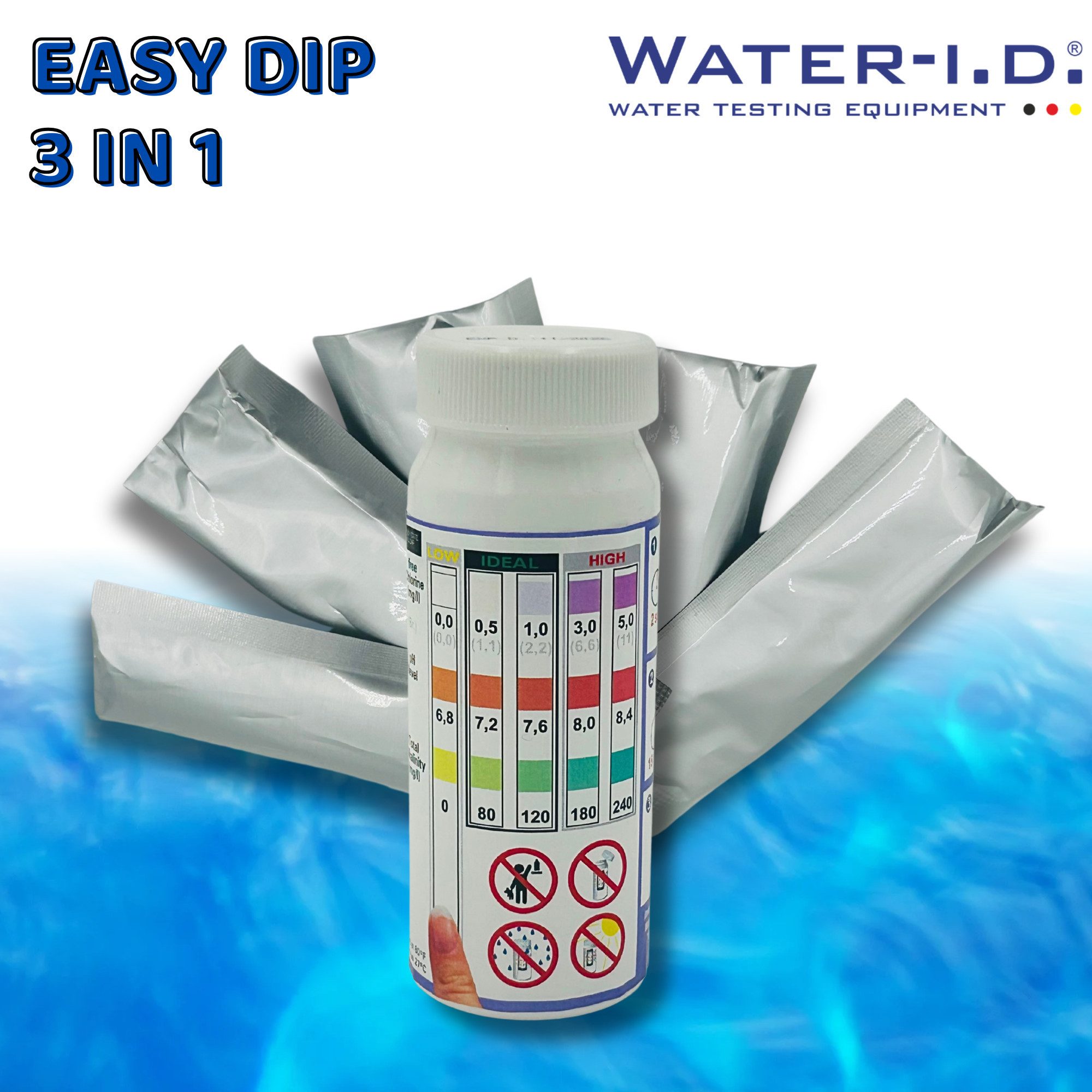 WATER-I.D. Wasserteststreifen EASY DIP 50 Teststreifen Chlor pH Alkalinität TestStrips Pool Teich, Teststrips zur Wasseranalyse in Pool, Whirlpool, Teich oder Aquarium
