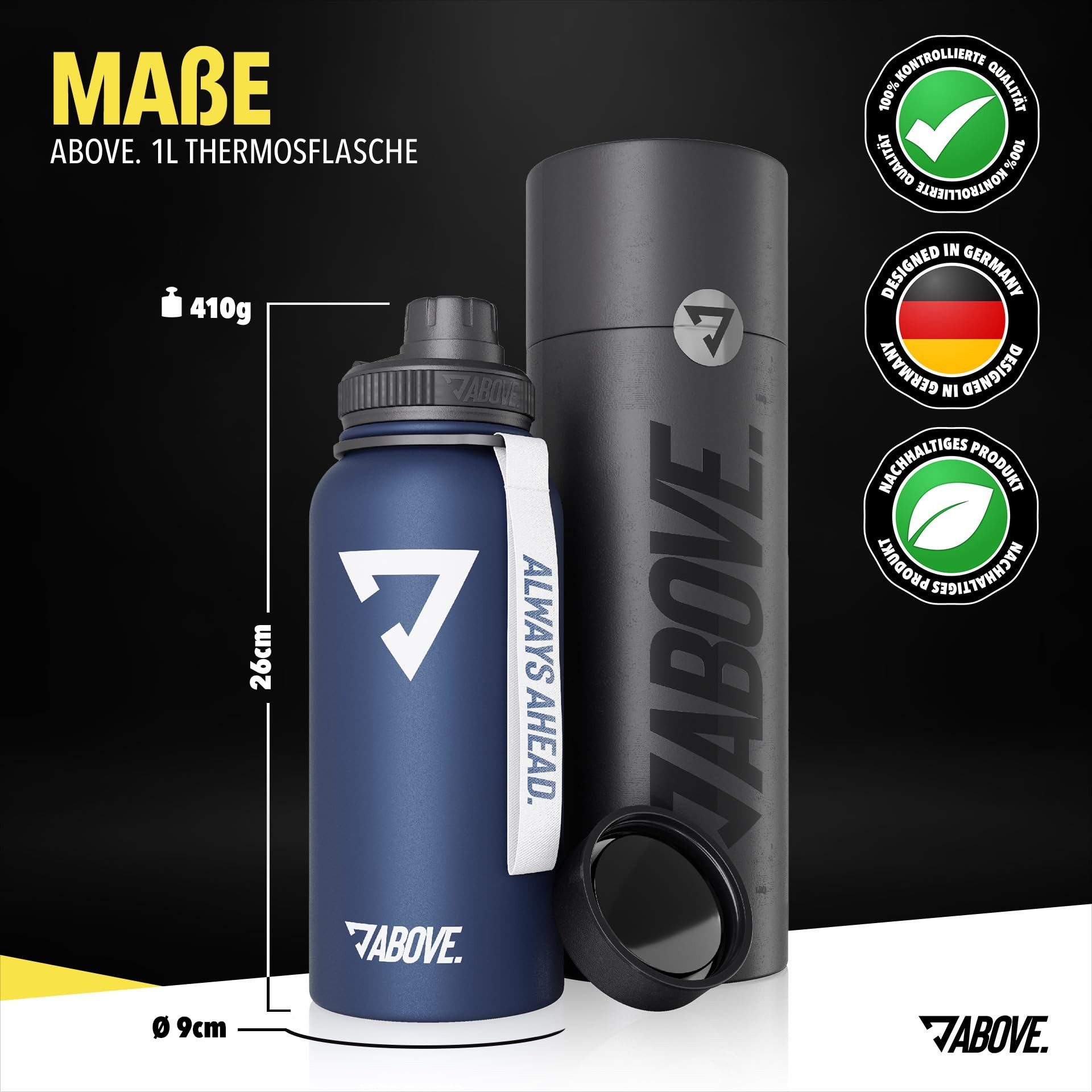 ABOVE. Trinkflasche Edelstahl 1L, Gratis Trinkverschluss, BPA-frei, 12H heiß, 24H kalt, Isolierflasche 1 Liter auslaufsicher & robust Fitness, Sport & Outdoor