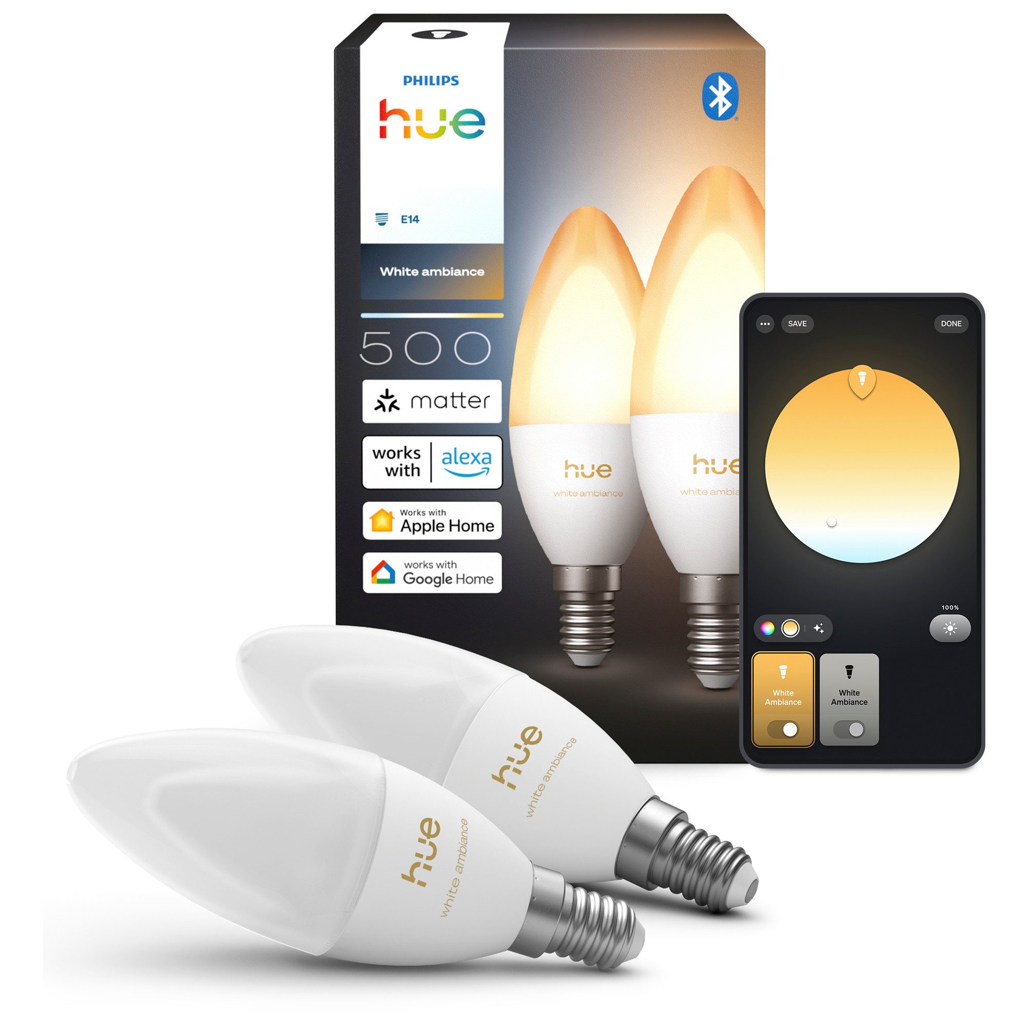 Philips Hue LED-Leuchtmittel Smarte Kerzenlampe, E14, 500 lm, White Ambiance, 2er‑Pack, E14, 2 St., Farbwechsler, 1000–20000K, auf 0,2% dimmbar, App‑ & Sprachsteuerung