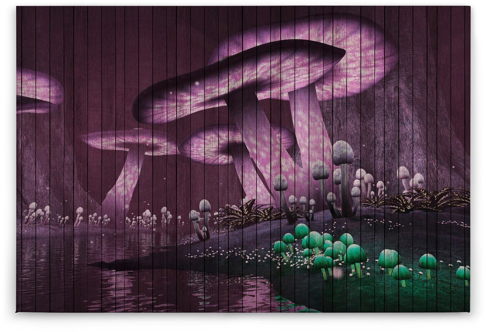 (1 lila, Bild Fantasiewelt A.S. St), grün Holzoptik fantasy, Leinwandbild Keilrahmen Création Abstrakt