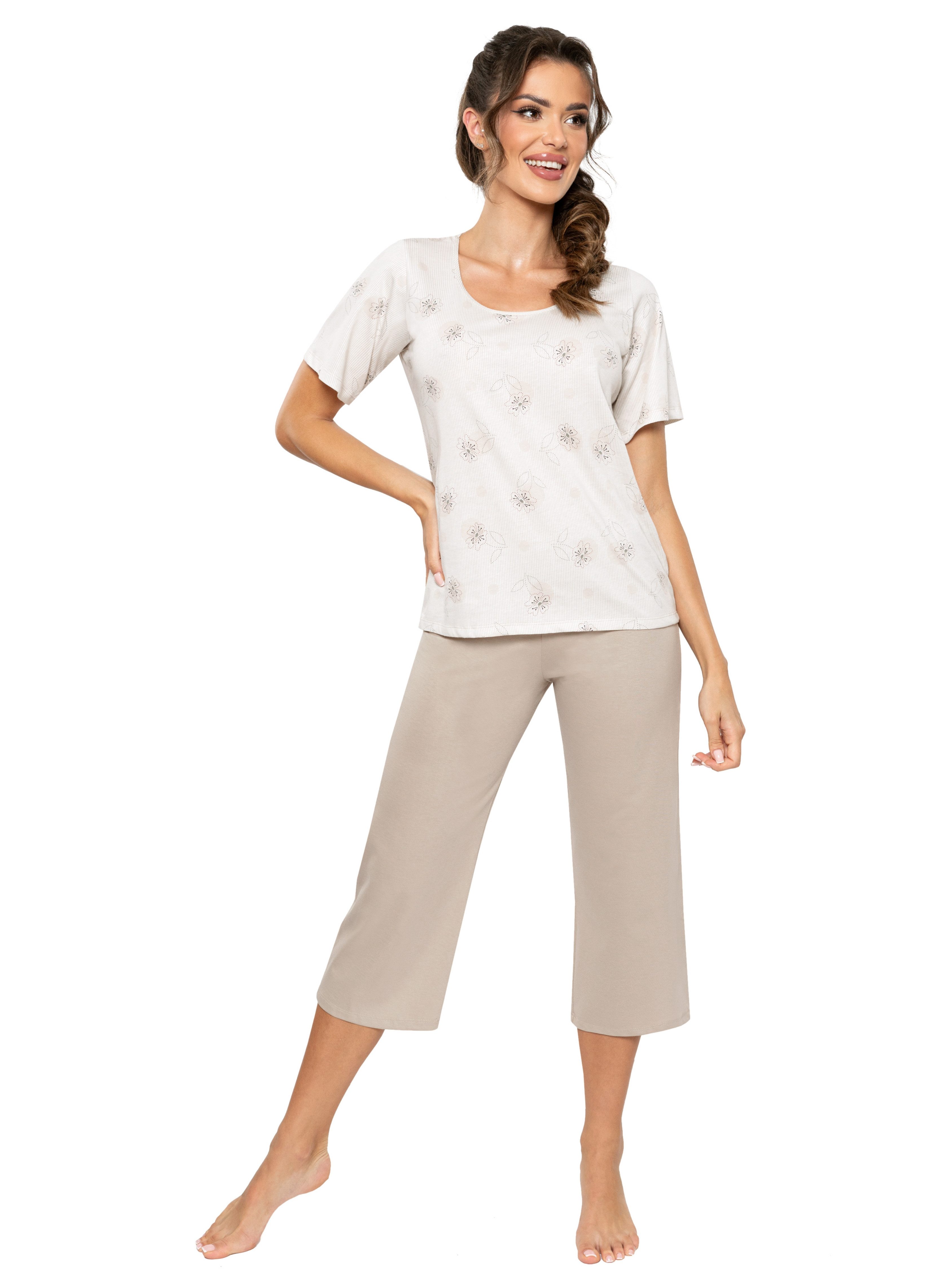 Donna Capri-Pyjama 3/4 Schlafanzug in Natur-Tönen günstig online kaufen