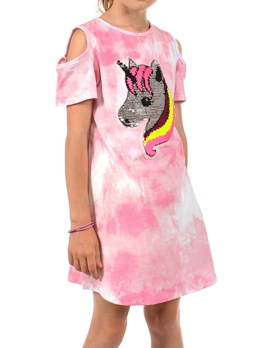 Rosa tragen Mädchen zu bequem Batik Wende Kleid Einhorn-Motiv Paillettenkleid KMISSO Pailletten (1-tlg)