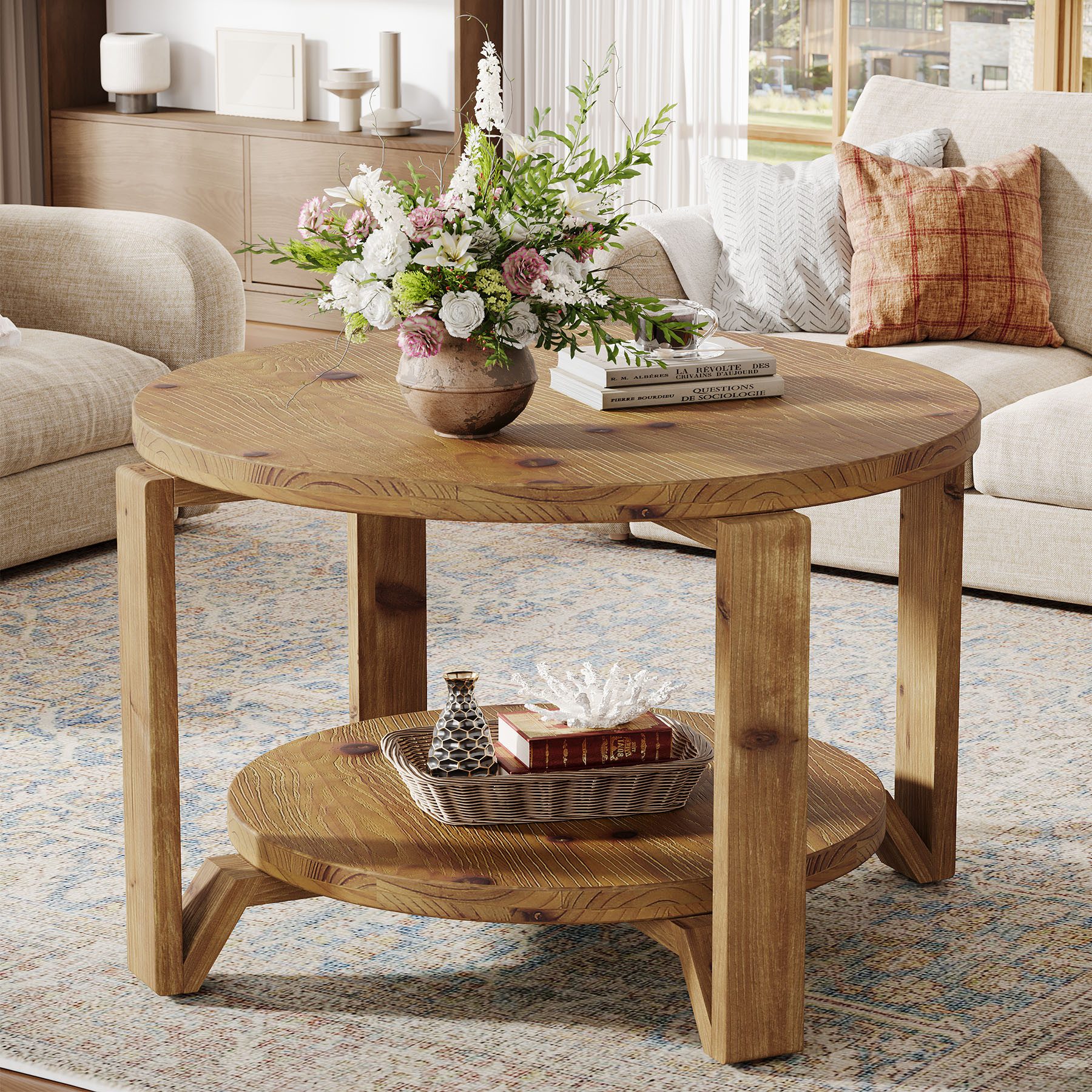 Couchtisch Massivholz Runder Couchtisch, 80 cm Wohnzimmertisch mit Ablageflächen