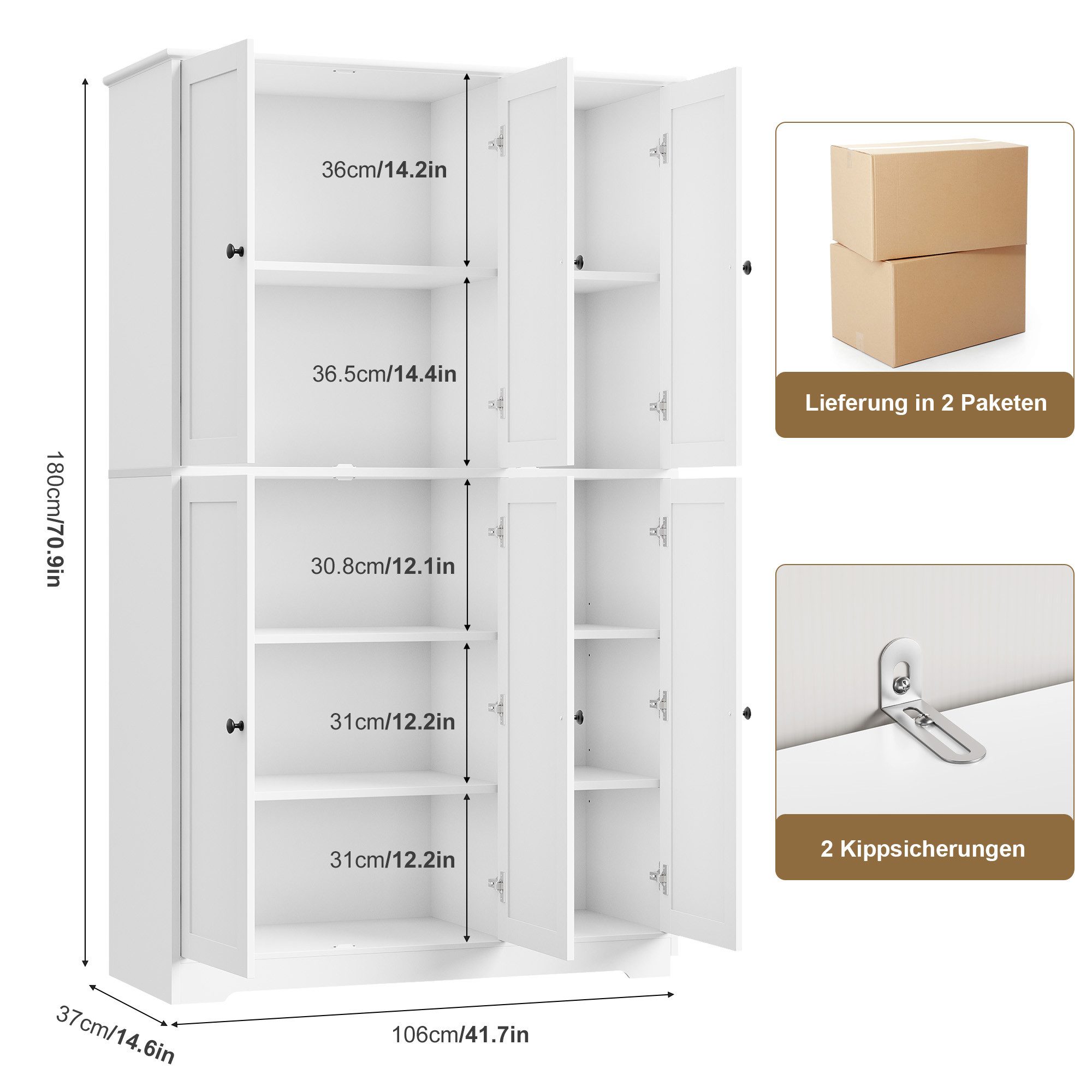 Homfa Mehrzweckschrank Küchenschrank Drehtürenschrank Kleiderschrank mit 6 Türen, Breite 106 cm, Höhe 180 cm, Weiß