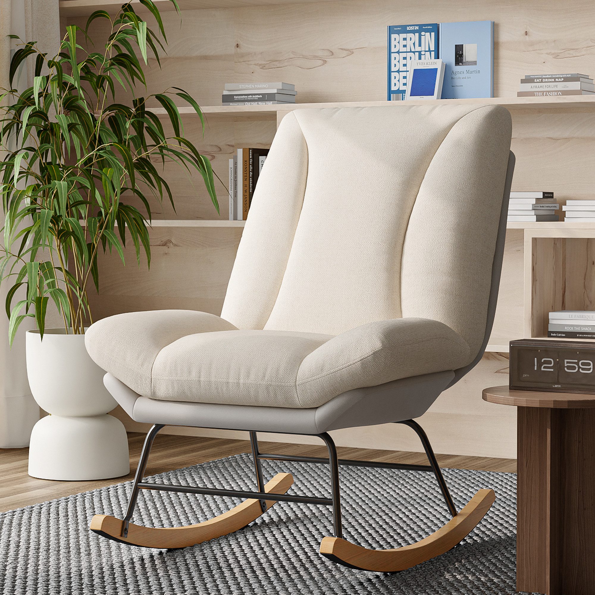 BELUPAI Schaukelstuhl Relaxsessel Schaukelsessel,mit Massivholz Füßen und Metallgestell (Set, 1 St), Verstellbarer Rückenleh Nenneigung,Beige-B