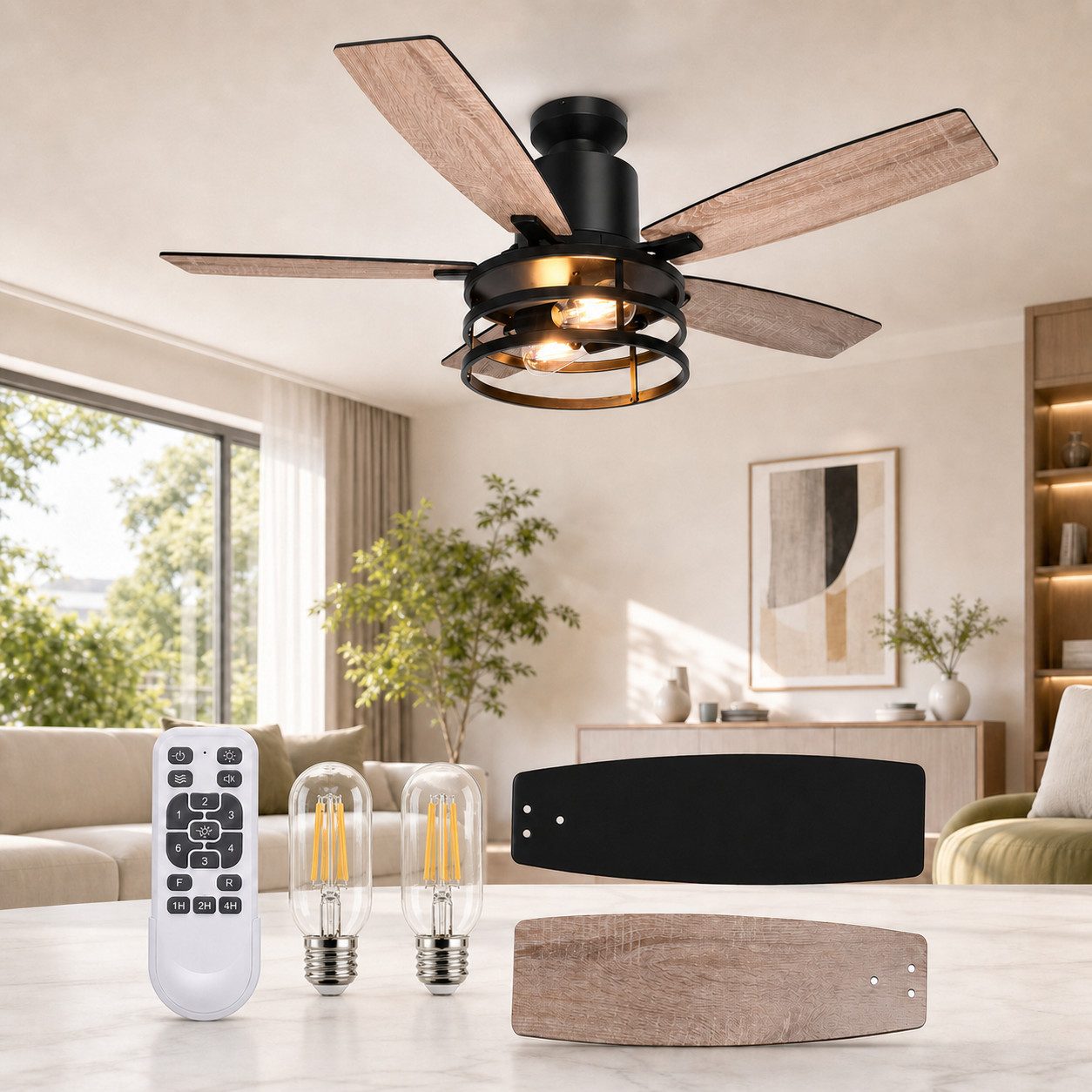 Rosnek Deckenventilator mit Beleuchtung, Fernbedienung, 2 Flügel-Designs, leiser, 112/132cm, Metall, Deckenmontage, für Schlafzimmer, Wohnzimme