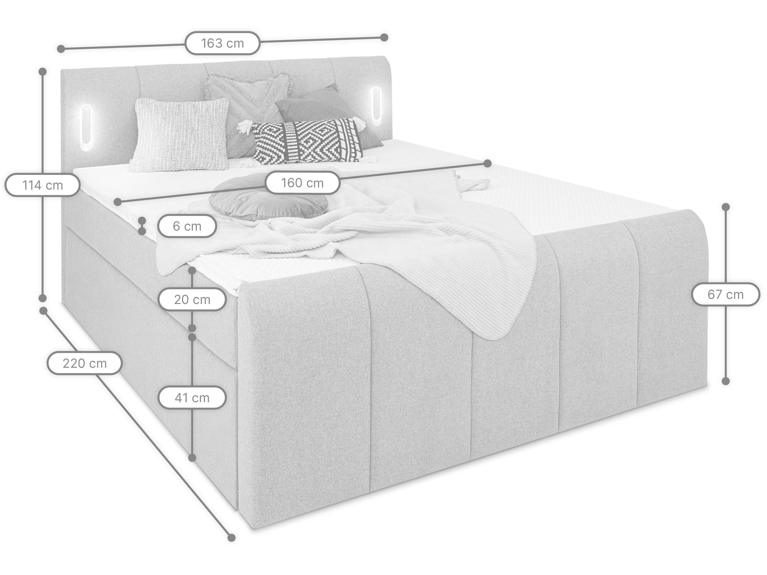 Kaltschaum-Topper Boxspringbett wonello inkl. Bettkasten, hellgrau wonello LED-Beleuchtung mit Rom, und