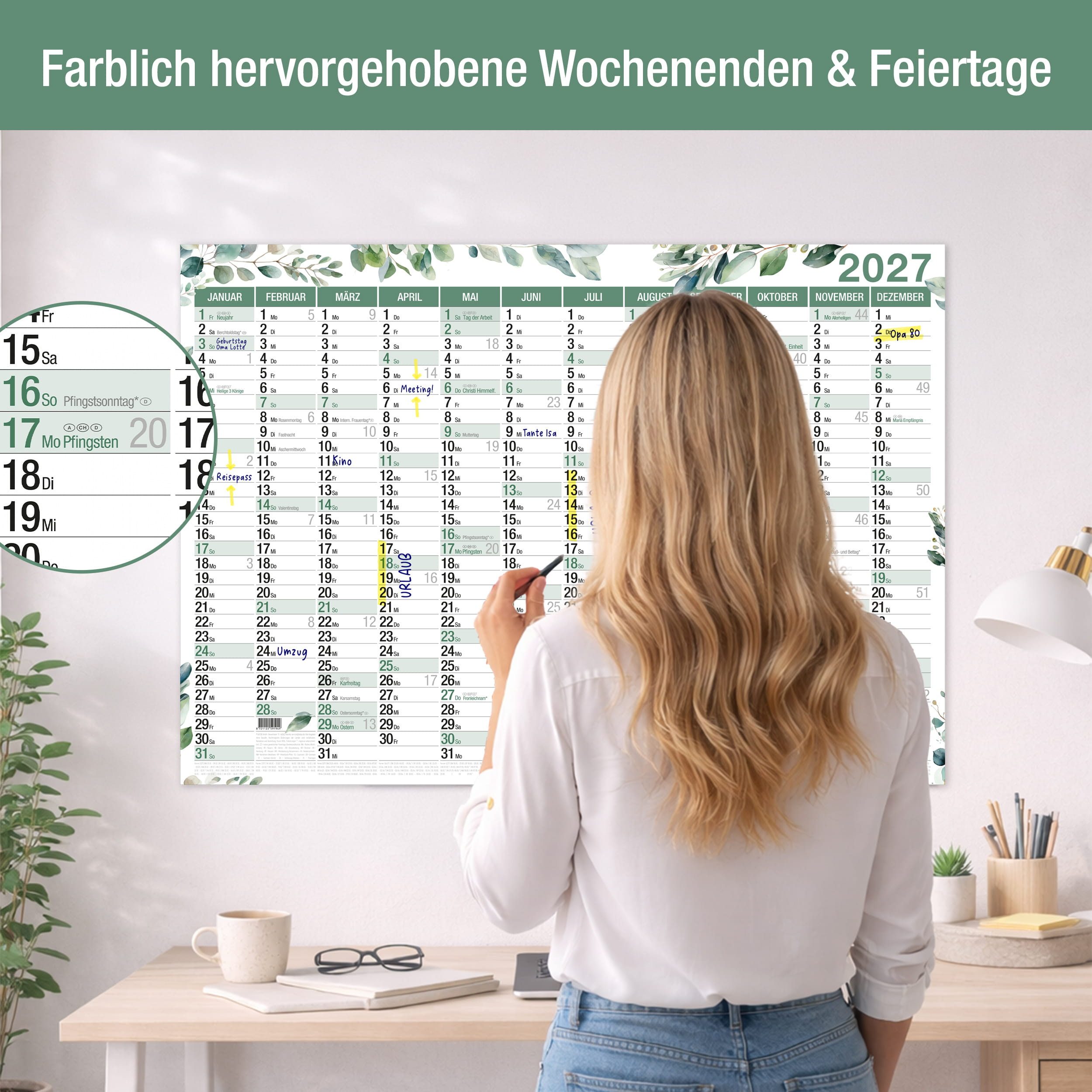 TOBJA Wandkalender Wandkalender 2027 A1 Eukalyptus Design – Großer Wandplaner, Botanical Design, Ferienkalender DE, große Felder – Bild 2 von 5