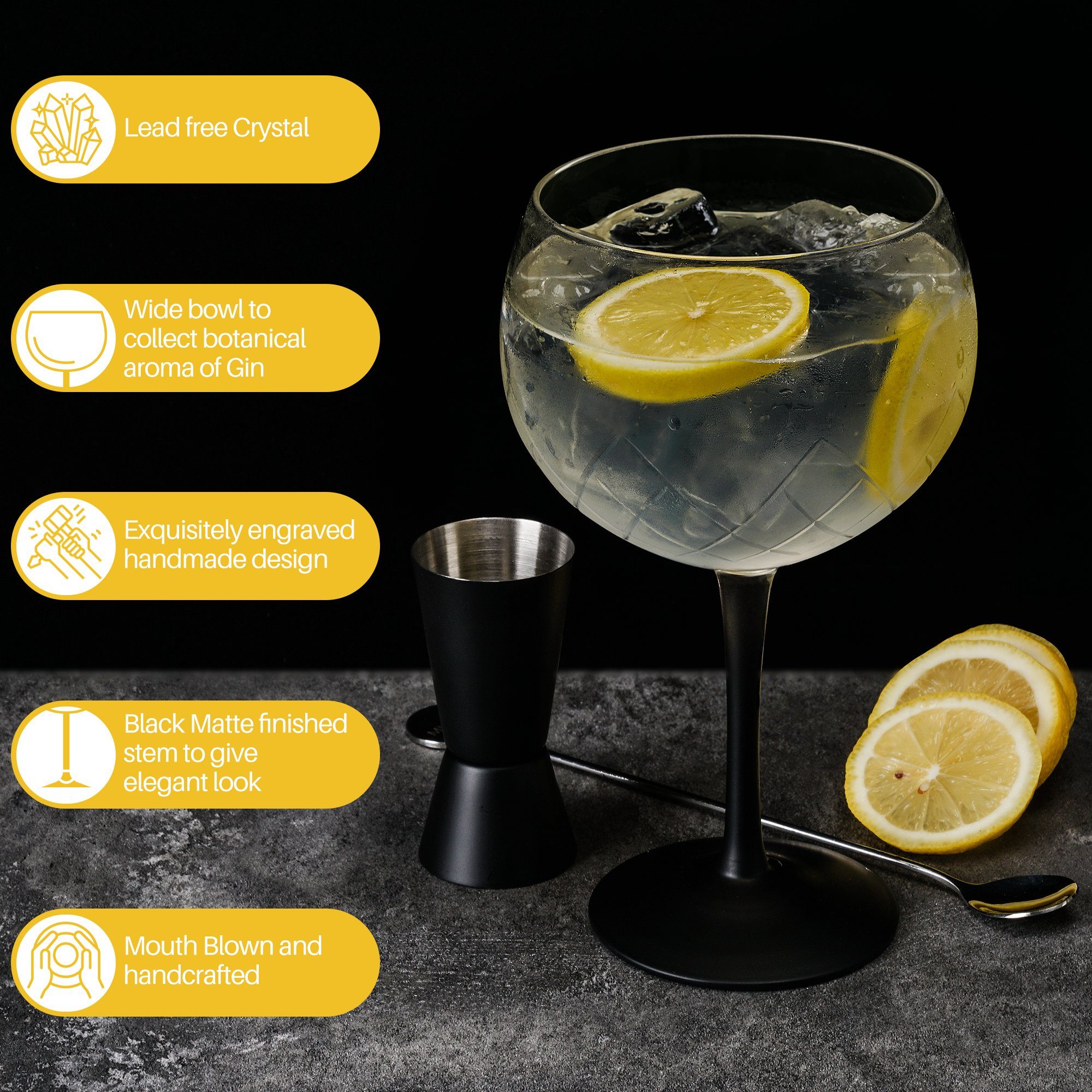 MiaMio Cocktailglas Crystaluna Gin Tonic, 650 ml, schwarzer Stiel, 2-tlg., Glas