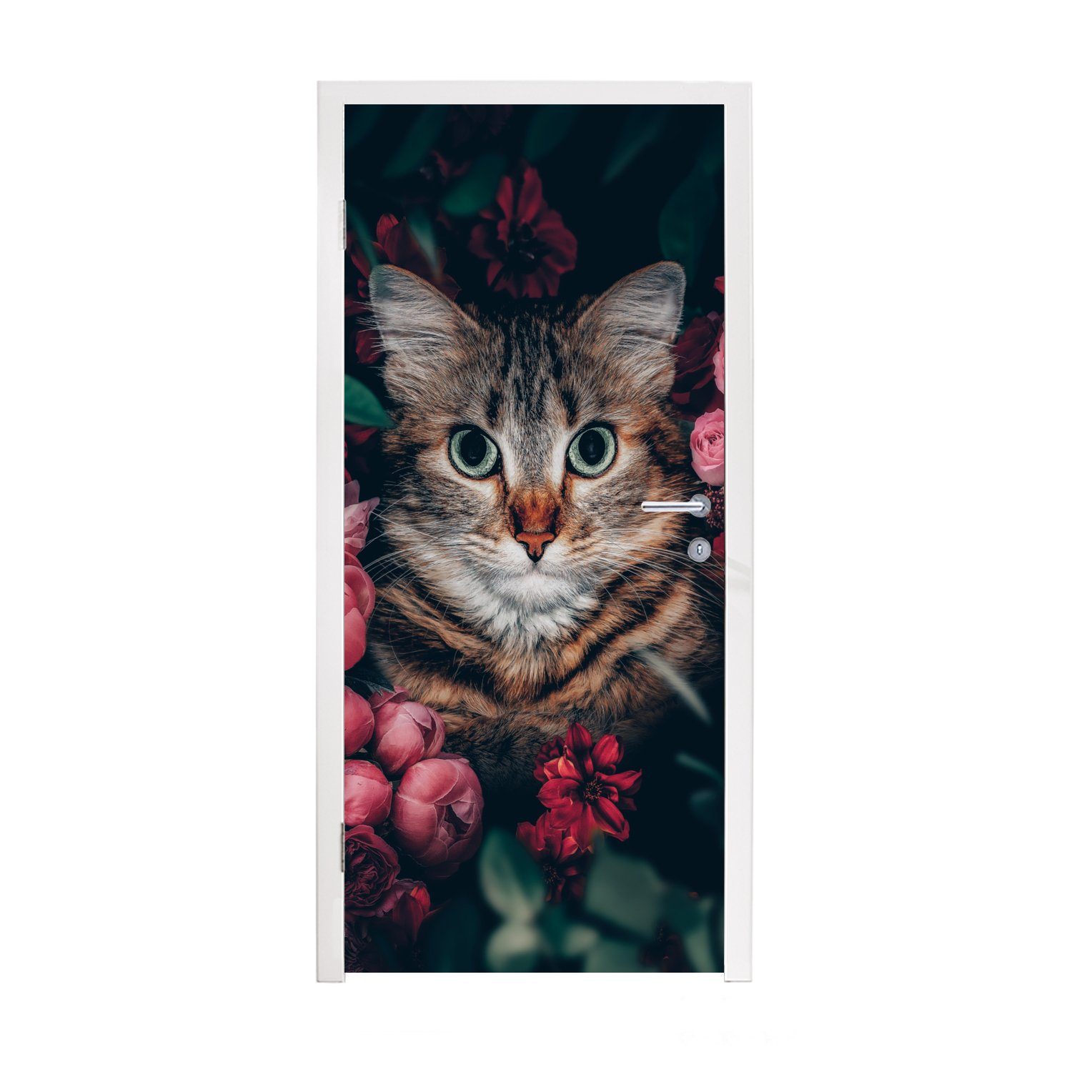 MuchoWow Türtapete Katze - Blumen - Blätter - Botanisch, Matt, bedruckt, (1 St), Fototapete für Tür, Türaufkleber, 75x205 cm