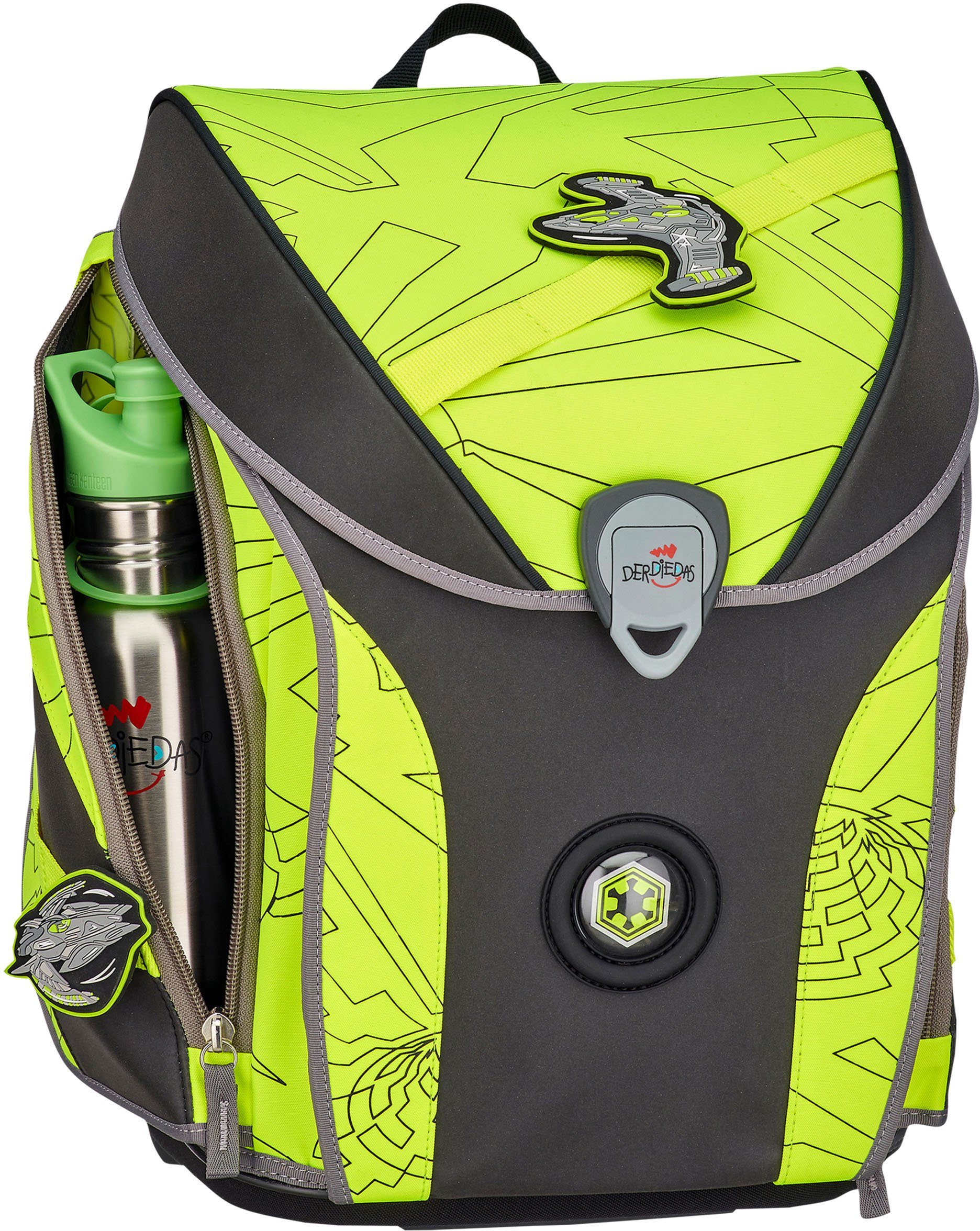 DerDieDas® Schulranzen ErgoFlex MAX - Superflash Neon Fighter (Set, 5-tlg), mit 3 Buttons; enthält recyceltes Material