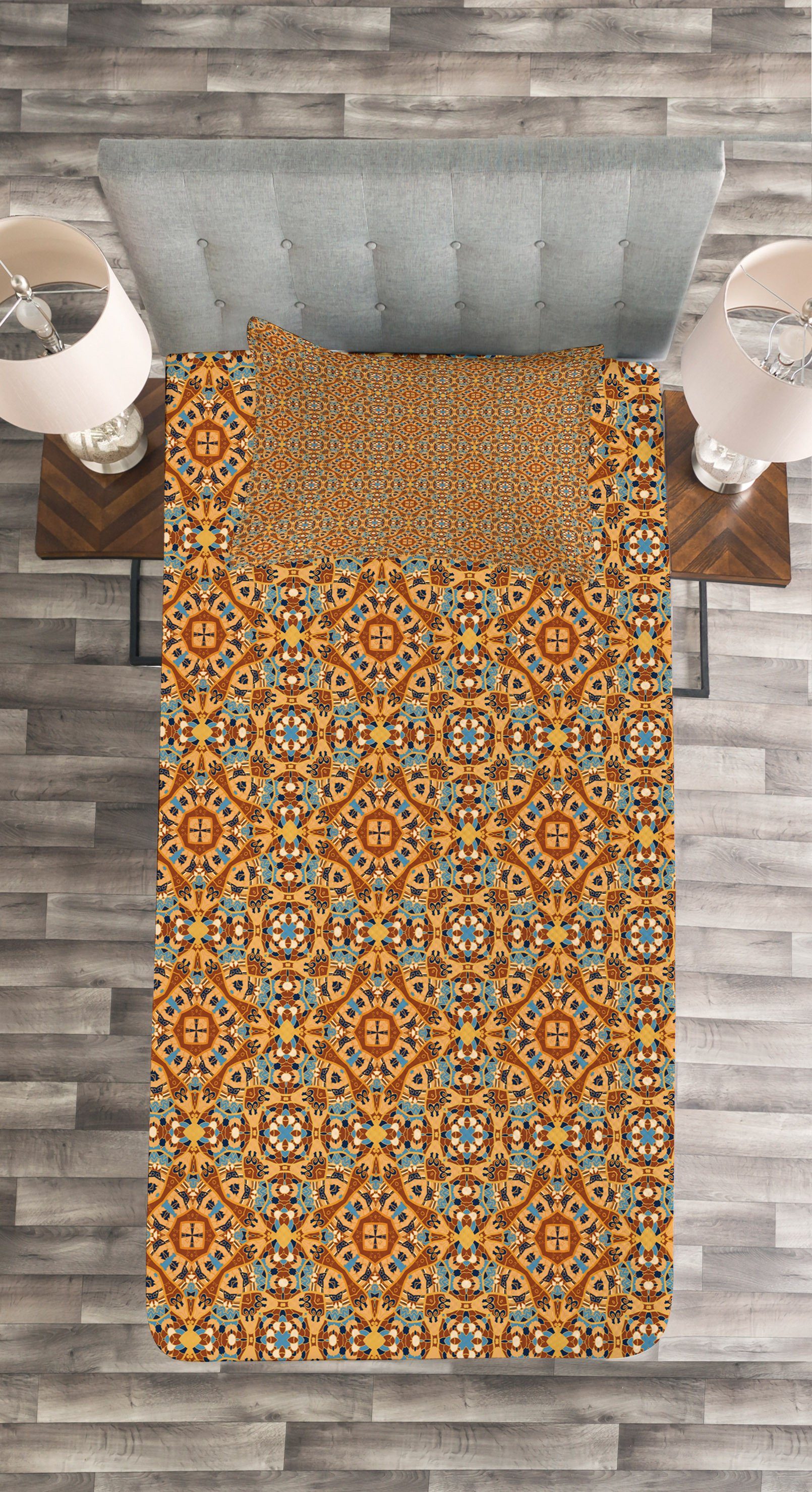 Tagesdecke Set mit Kissenbezügen Waschbar, Bohemian Mandala Orange Abakuhaus, Druck