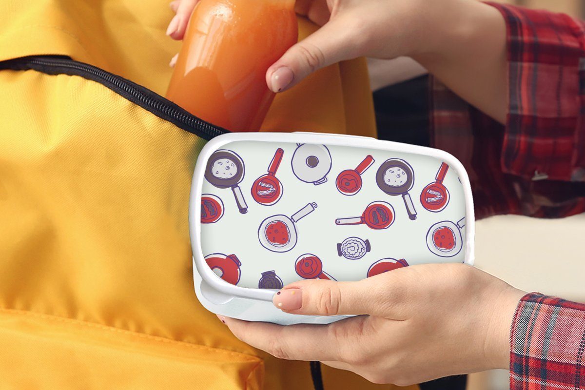 für und Mädchen Kochen für - Lunchbox weiß Muster Lebensmittel, Pfanne - - Brotdose, und Jungs Kunststoff, Brotbox (2-tlg), MuchoWow Erwachsene, Kinder