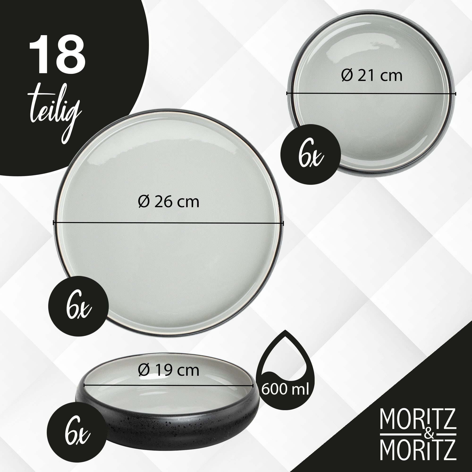 Moritz & Moritz Tafelservice SOLID UNI Geschirrset Grau mit Tassen (24-tlg), 6 Personen, Steinzeug, Kombigeschirr für 6 Personen