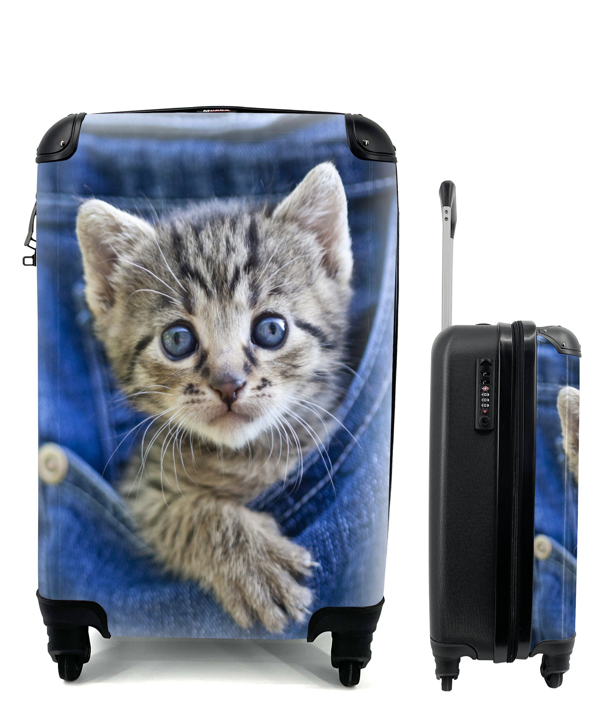 MuchoWow Handgepäckkoffer Ein Kätzchen in Denim-Jeans, 4 Rollen, Reisetasche mit rollen, Handgepäck für Ferien, Trolley, Reisekoffer
