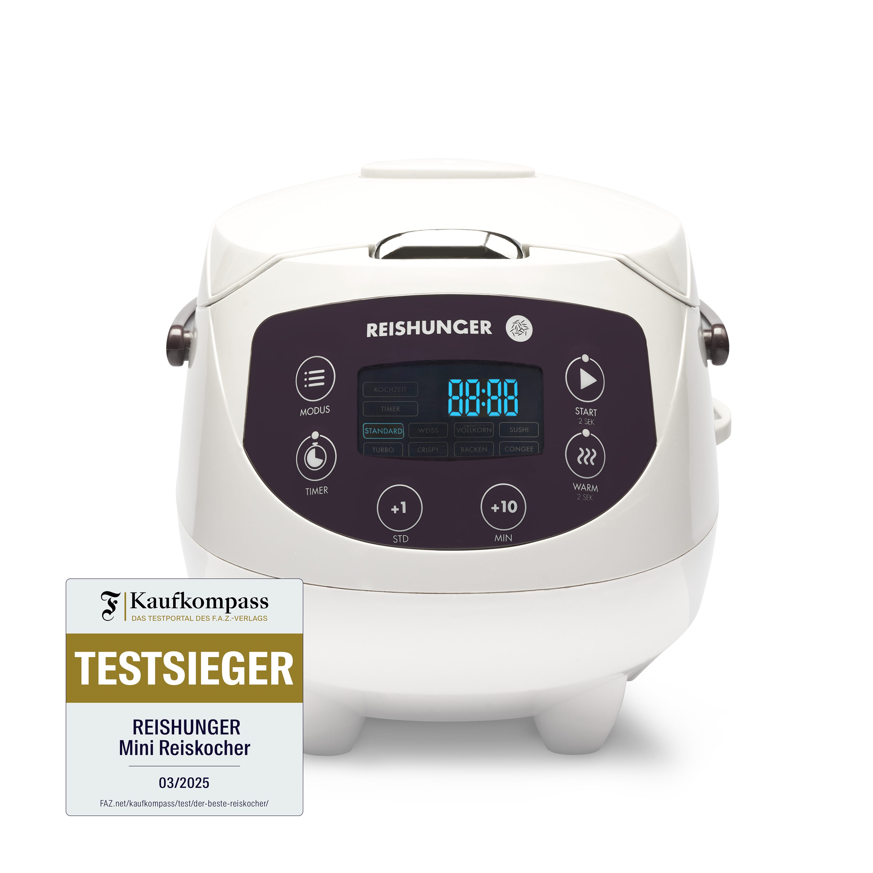 Reishunger Reiskocher Digital Mini – 0,6 L – Multikocher – 8 Programme – Keramikbeschichtung, 350 W, Dämpfeinsatz, Messbecher, Reislöffel, Timer- und Warmhaltefunktion