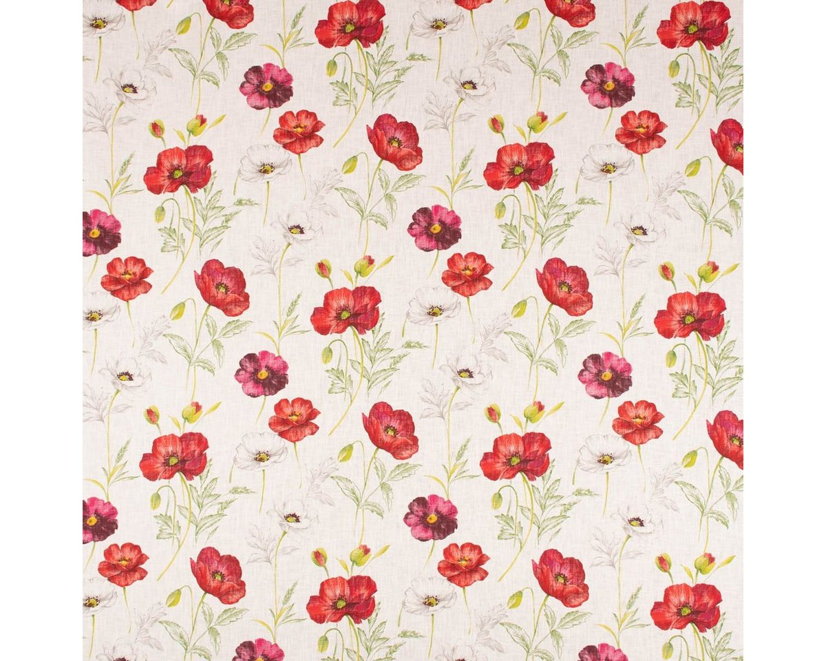 Thumbnail - SCHÖNER LEBEN. Stoff Dekostoff Ramie Leinenoptik Mohnblüten Blumen offwhite rot pink 1,50m