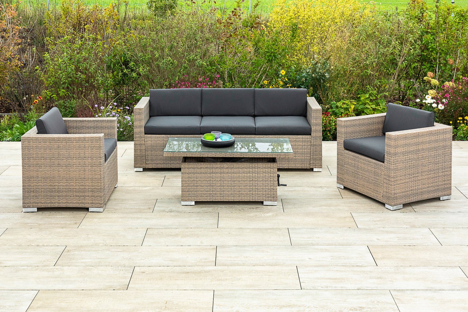 MERXX Loungeset »Bellante«, (4tlg), 2 Sessel, Sitzbank, ausziehbarer