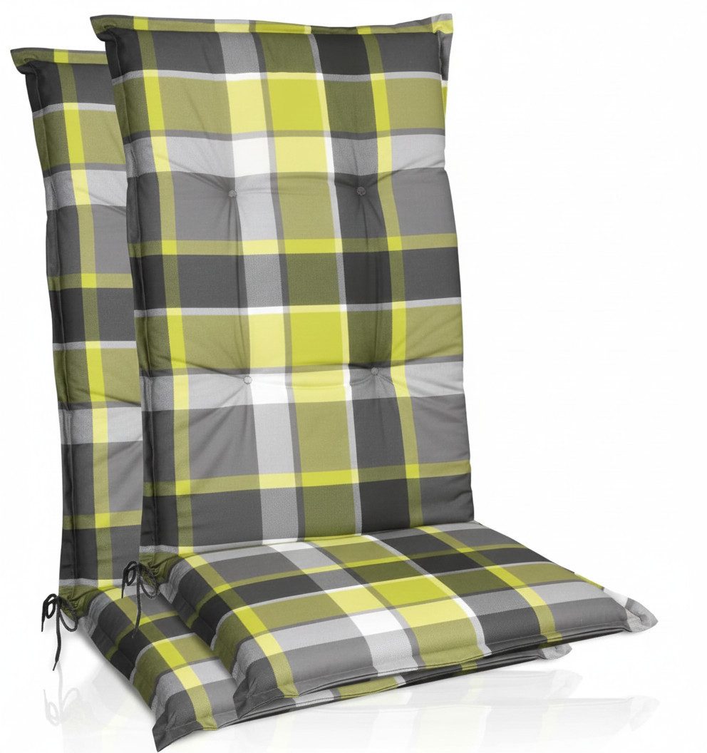 Beautissu Hochlehnerauflage 2er Set Hochlehner Auflagen Set 120x50 cm Polster Grün Kariert, 6cm Dicke Polsterauflage rutschfest UV-Lichtecht 5 Stuhlkissen