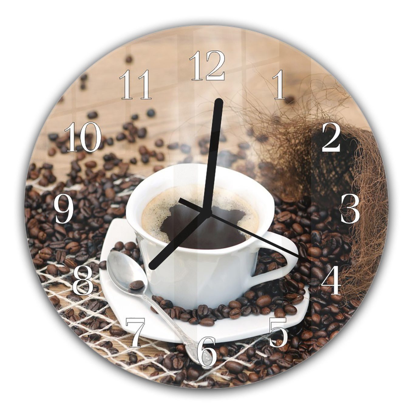 Rund - Durchmesser aus Bohnen 30 mit Quarzuhrwerk und cm Wanduhr Glas Primedeco auf Kaffeetasse Motiv Wanduhr mit