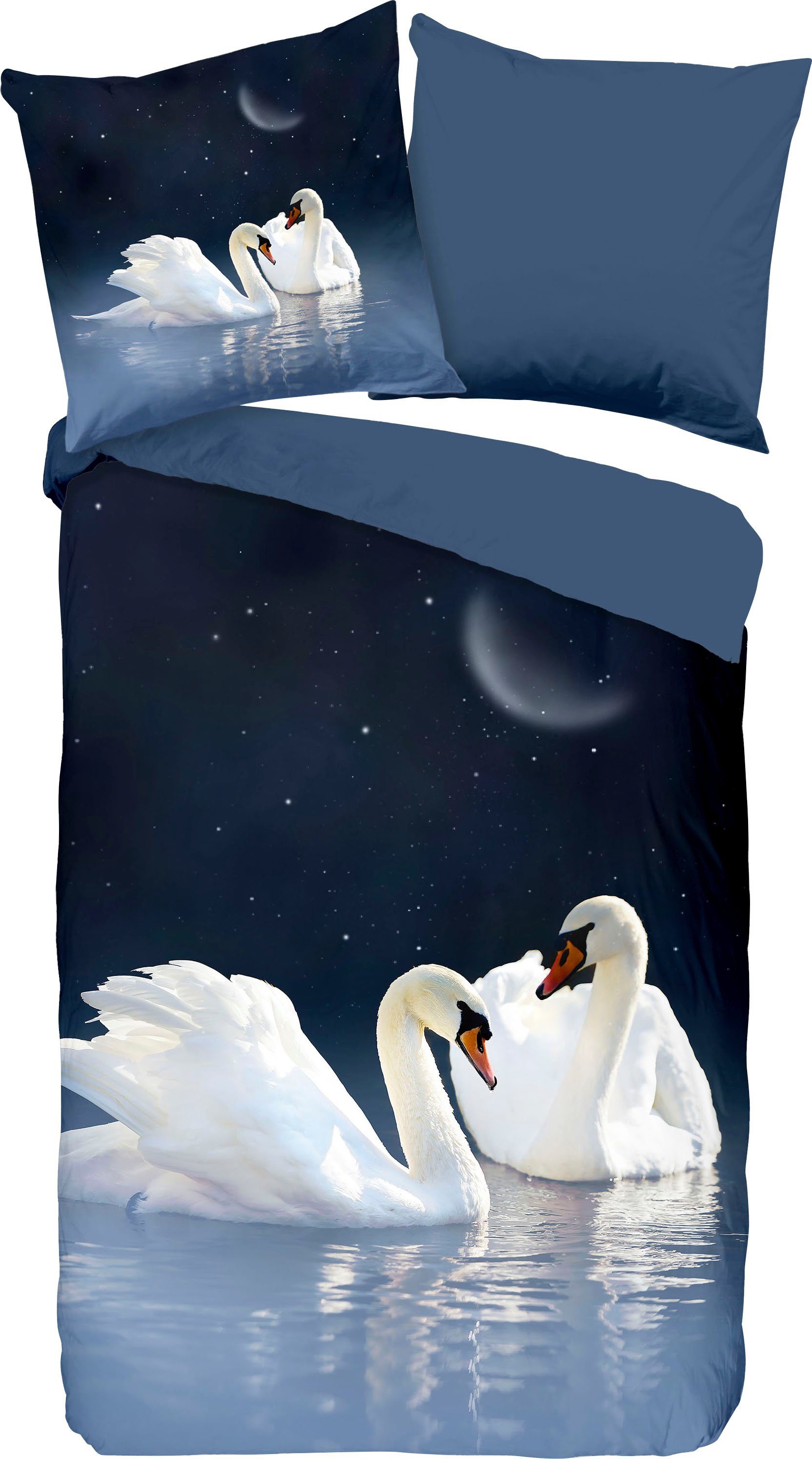 PURE luxury collection Wendebettwäsche Share, Renforcé, 2 teilig, Mikrofaser, 135x200, Pflegeleicht, Reißverschluss, Wendeoptik, Schwäne