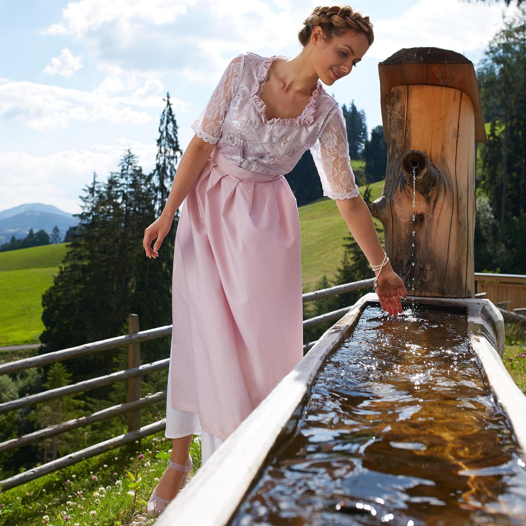 dressforfun Dirndl Maxi-Dirndl in femininen Farbtönen mit langem Rock (Frauentracht Neuschwanstein Modell 2, in flieder) Reißverschluss rechts, Kettchen-Schnüru – Bild 3 von 5