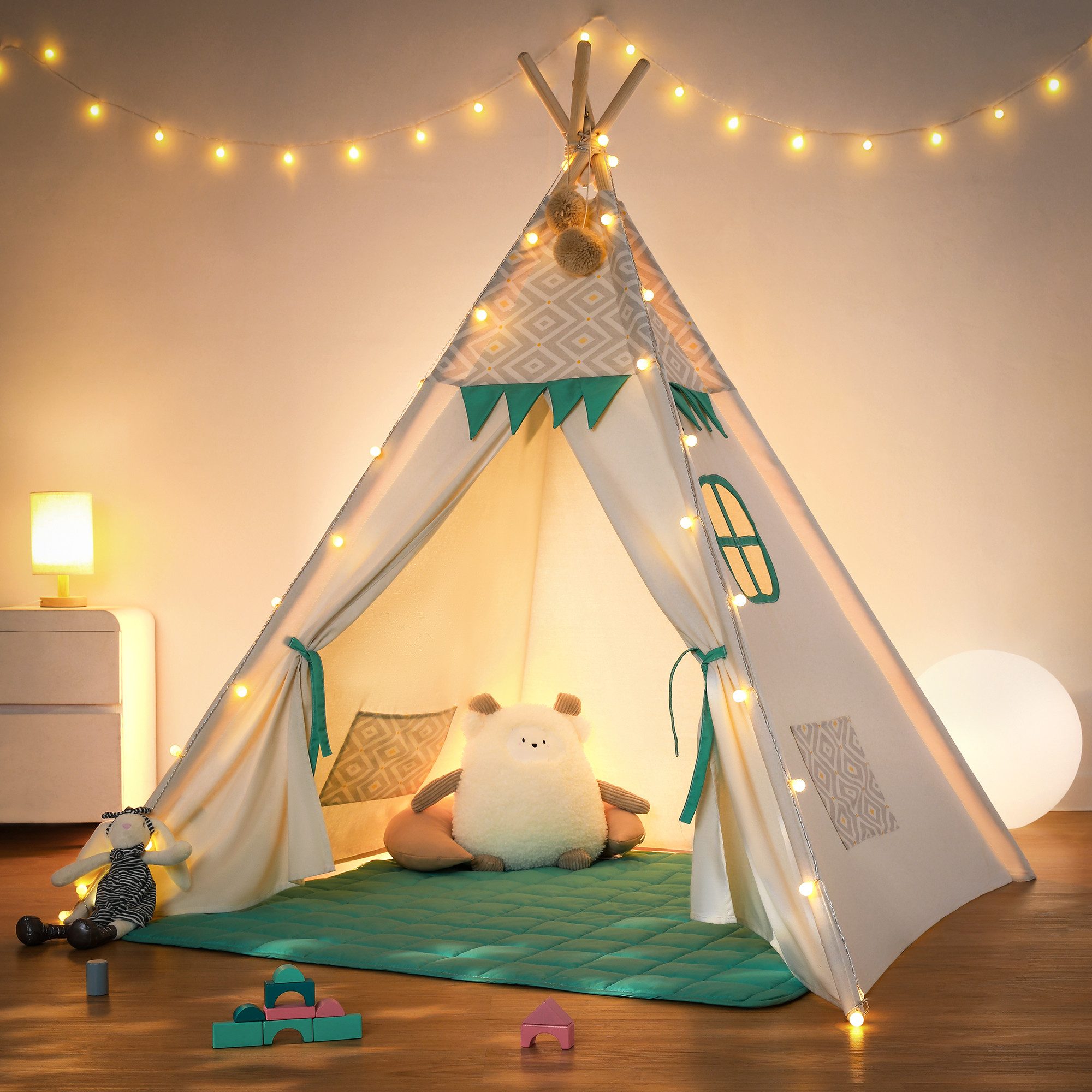 besrey Spielzelt Tipi Zelt für Kinder, Tippi Kinderzelt, Kindertipi +Lichtern Kindertipi aus 100% Baumwolle