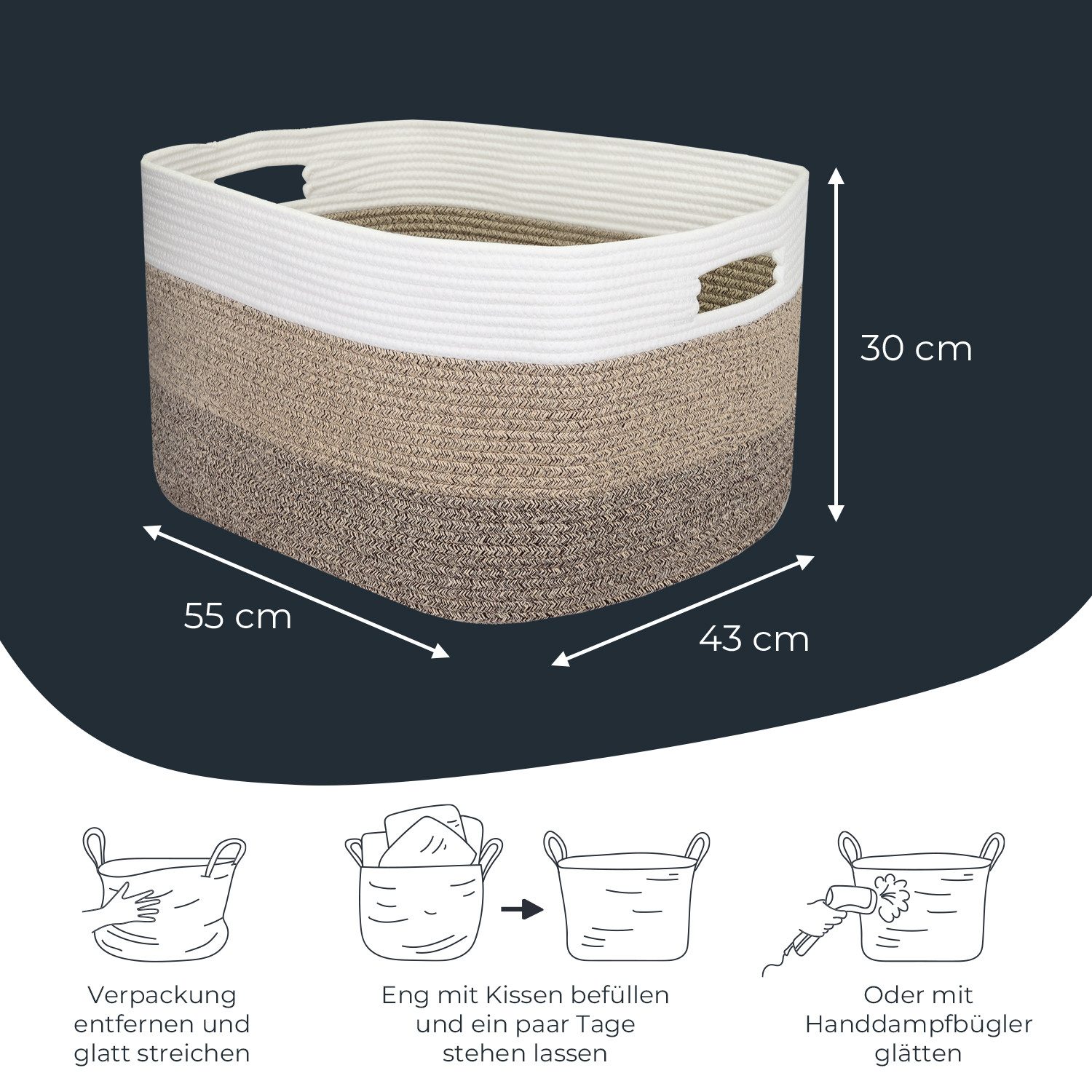 HMF Aufbewahrungskorb XXL Wäschekorb aus Baumwolle, 71 Liter, rechteckiger Aufbewahrungskorb mit Griffen, 55 x 43 x 30 cm Weiß-Braun – Bild 5 von 5