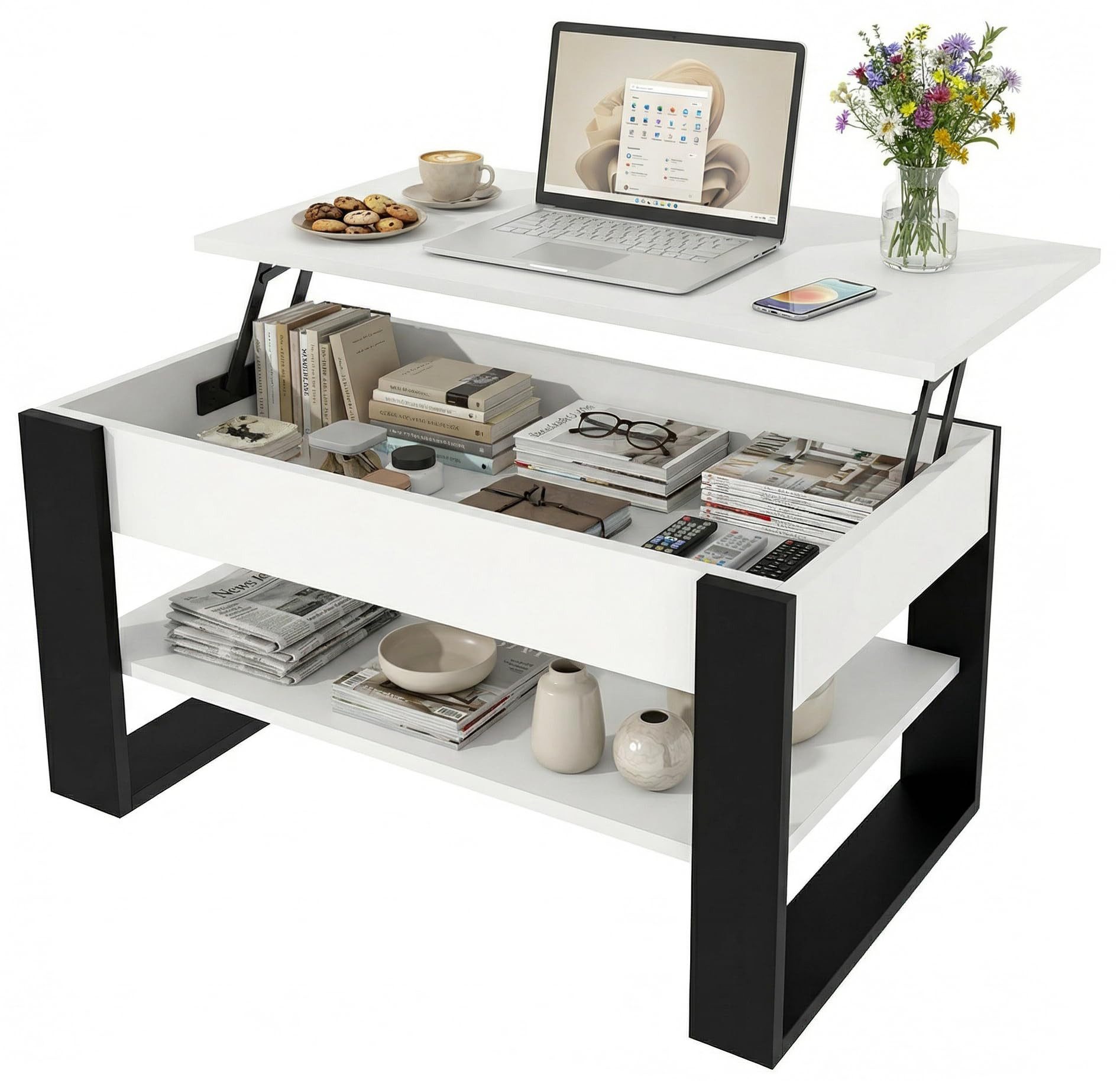 TREND WERK Couchtisch Lift-Couchtisch höhenverstellbar Sofatisch 92×54 cm mit Stauraum, verstecktem Fach Wohnzimmertisch Holz modern