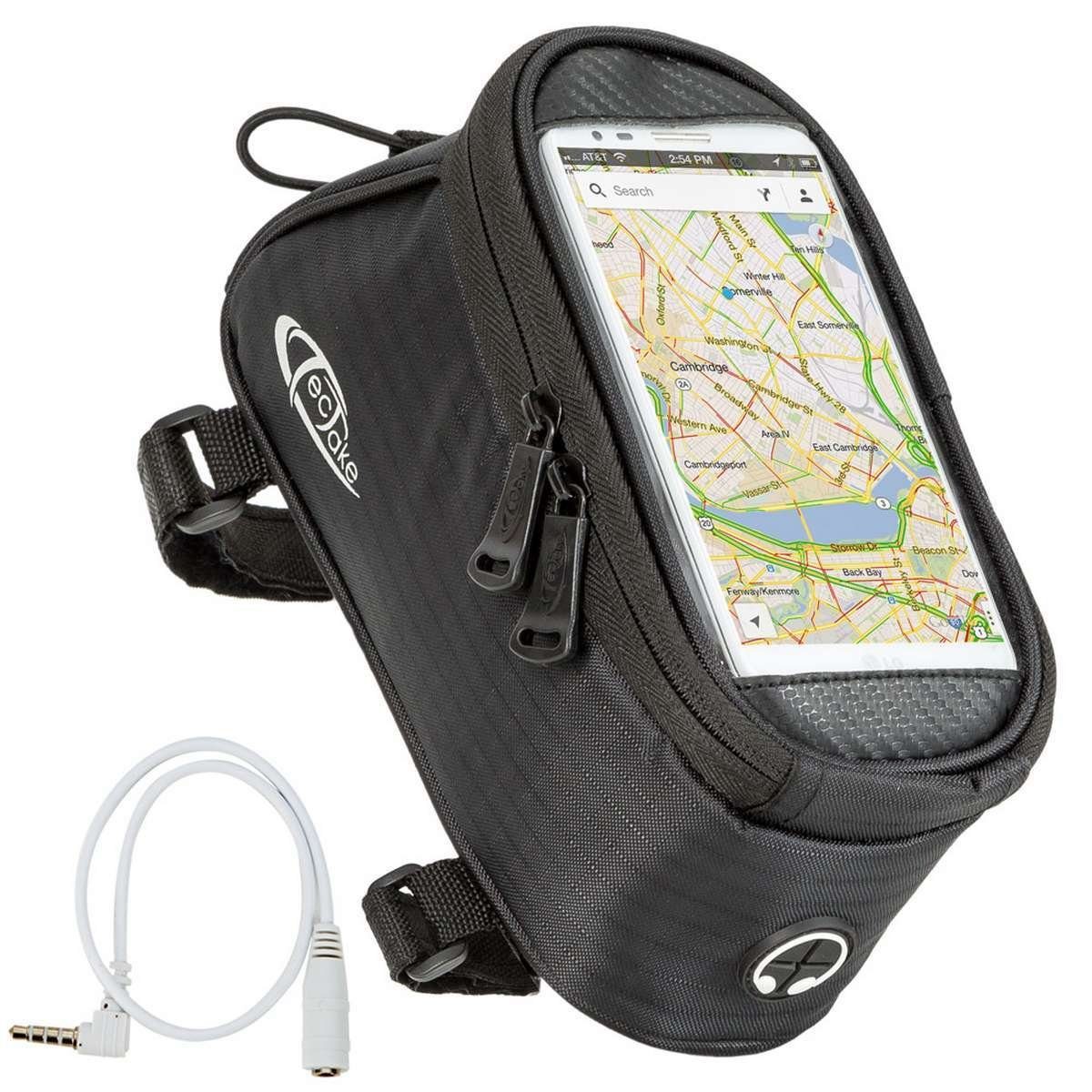 tectake Fahrradtasche Fahrradhandytasche, Zusätzliche Spannseil-Sicherung, (Gepäckträgertasche, in schwarz), Wasserabweisend, Handyfach mit Sichtfenster, Audio-Verlängerungskabel