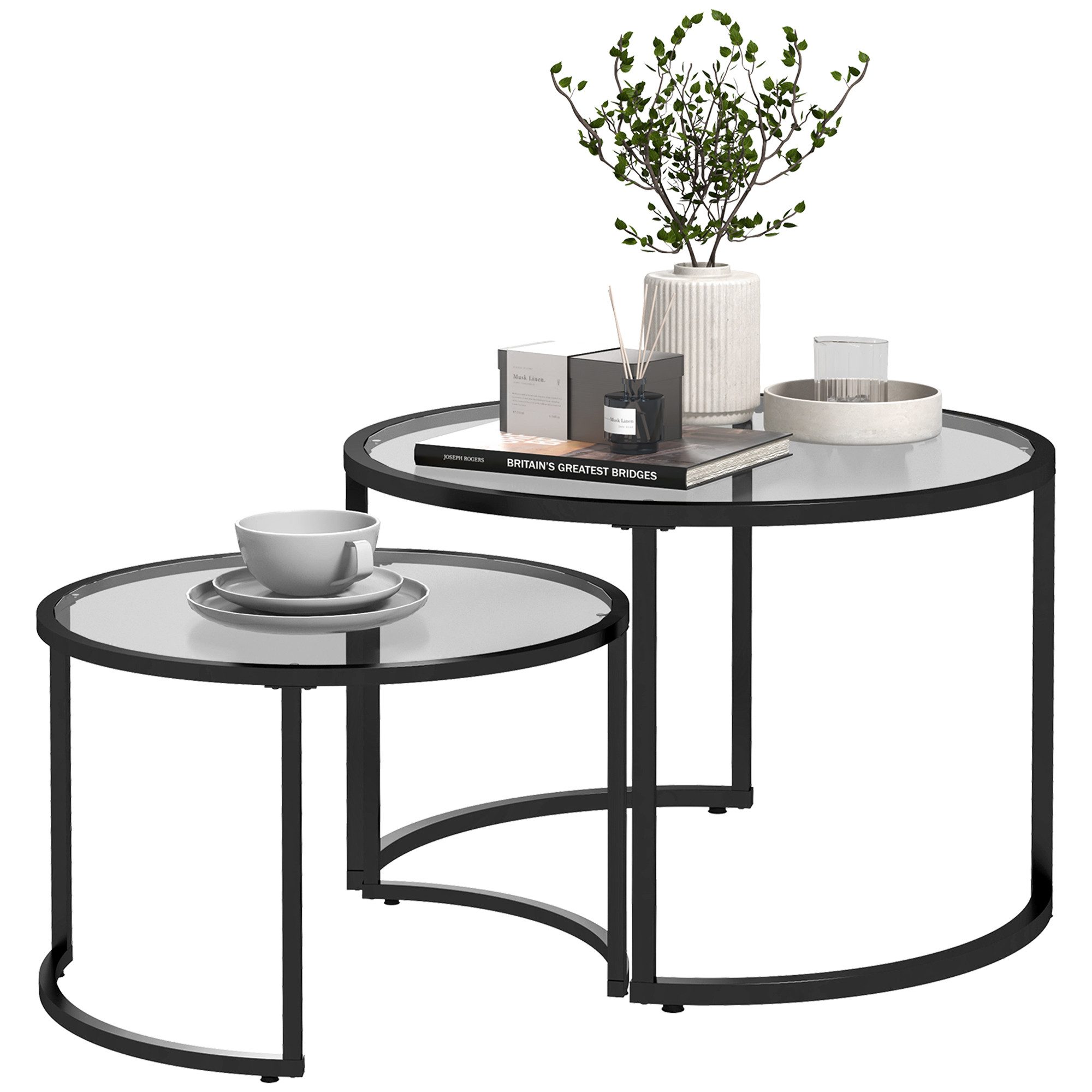 HOMCOM Couchtisch rund Beistelltisch Hartglas-Tischplatte, teilweise stapelbar (Kaffeetisch, 2-St., Sofatisch), für Wohnzimmer, Schlafzimmer Schwarz – Bild 2 von 5