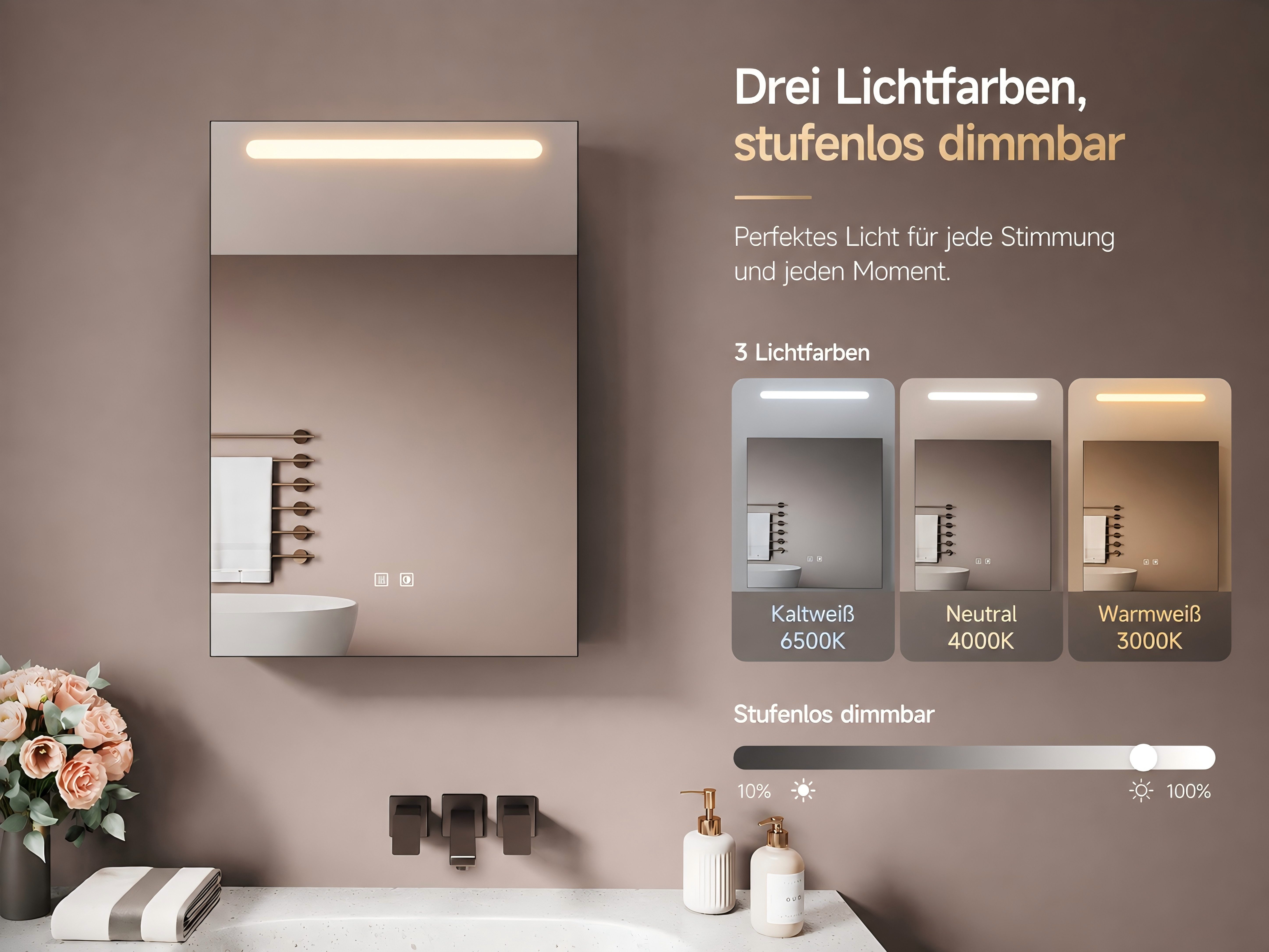 SONNI Spiegelschrank Badezimmerspiegelschrank, Spiegelschrank Badezimmer mit LED-Spiegel mit Beleuchtung, Anti-Beschlag & Steckdose, Licht in 3 Farbtemperaturen