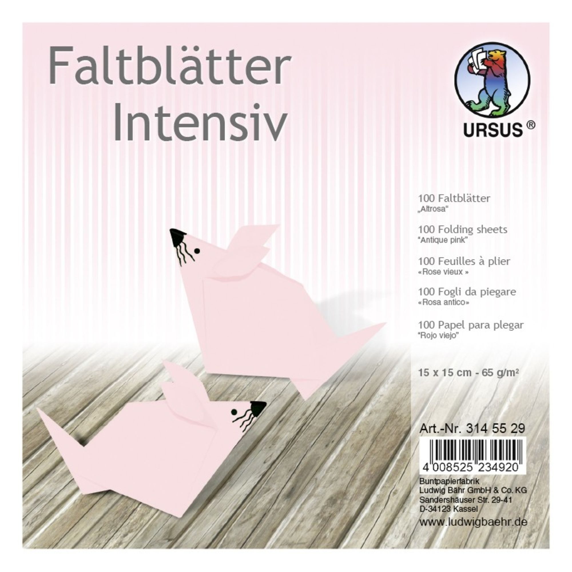 Ursus - Ludwig Bähr Bastelkartonpapier URSUS Faltblätter Intensiv Universal 15x15cm 100 Blatt ALTROSA