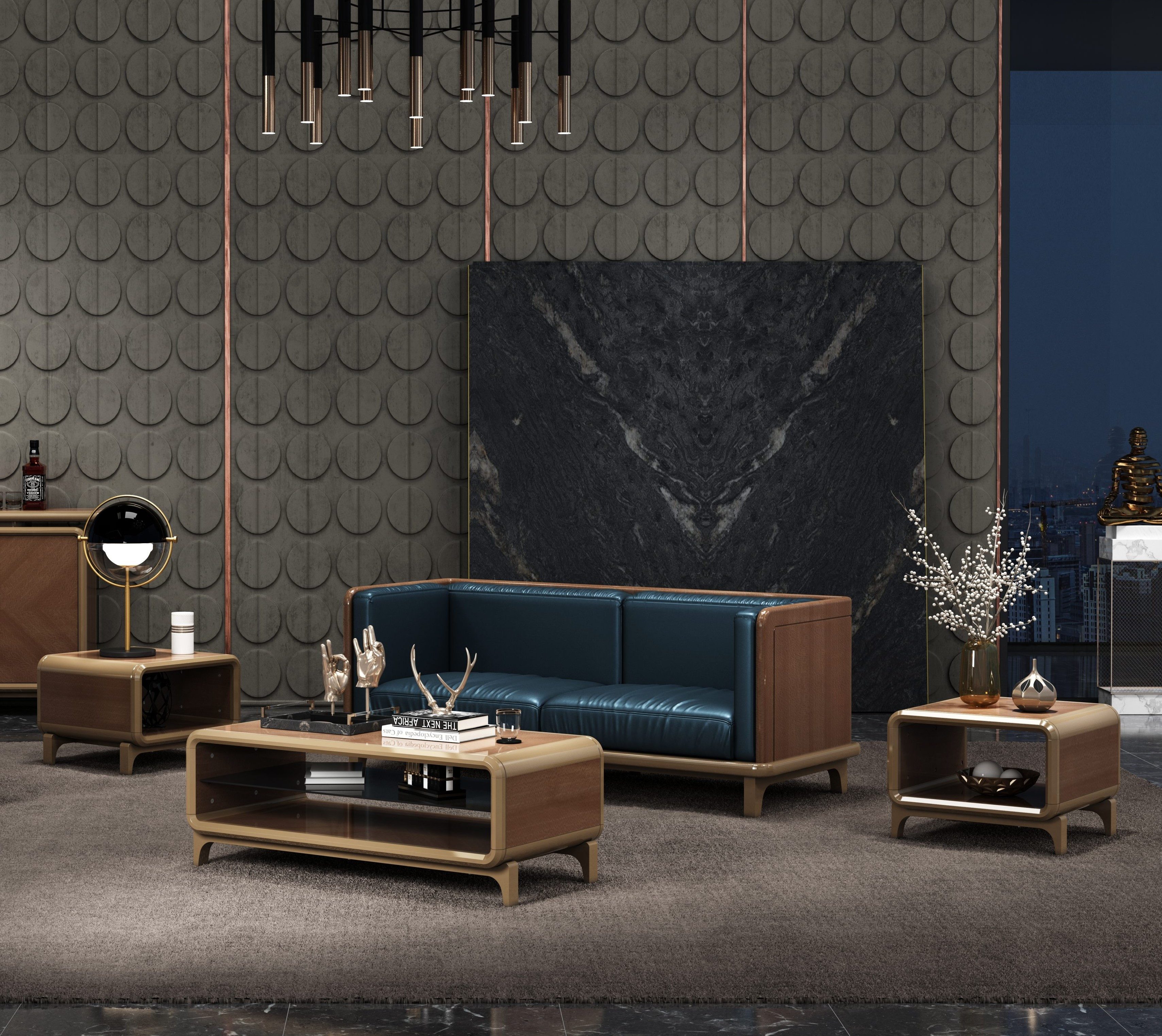 JVmoebel Polstergarnitur Dunkelblaues Kunstleder-Sofa mit braunem Holzrahmen, (1-tlg)