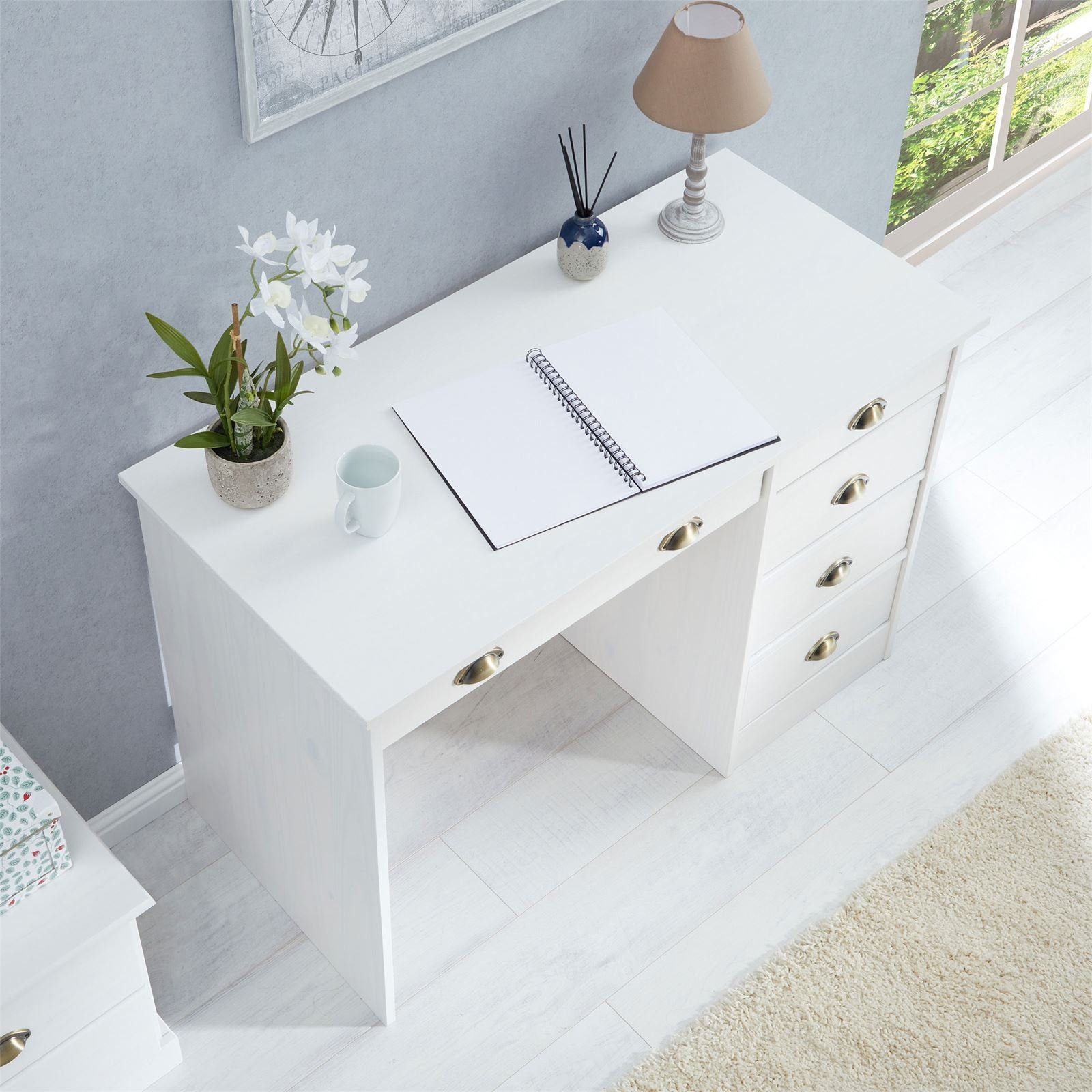 IDIMEX Schreibtisch LANA, Bürotisch mit 5 Schubladen Landhausstil Massivholz Muschelgriffe Weiß