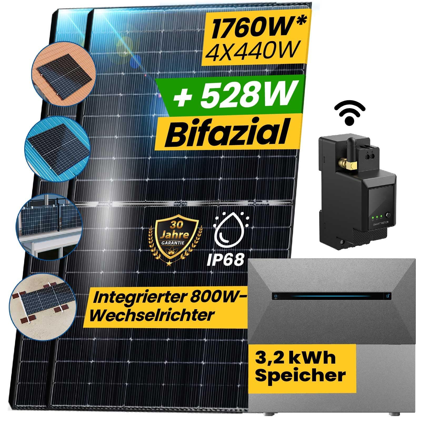 EPP.Solar Balkonkraftwerk All In One Balkonkraftwerk 1760W Komplett Steckdose, 1760,00 W, Monokristalline, (3,2 kWh ANKER SOLIX E1600 PRO Speicher für Balkonkraftwerk Smart Meter), 4x4400W Bifaziale Glas/Glas n-Type, Wechselrichter mit APP&WiFi