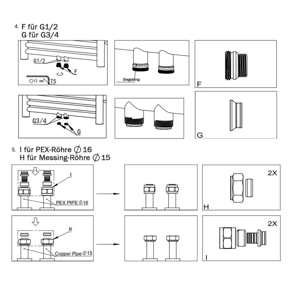 Eck- und (Anschlussarmatur XERSEK Handtuchtrockner mit Thermostat, Heizkörper Multiblock Heizungszubehör) Weiß Heizkörper Durchgangsform und Hahnblock Heizkörperthermostat für Ventil für