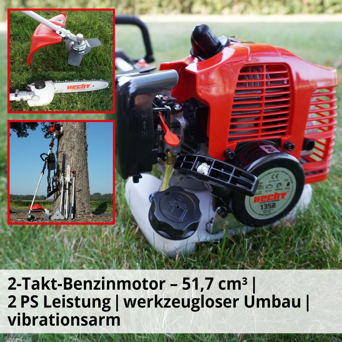 Hecht Benzin-Motorsense Freischneider Hochentaster Heckenschere Multitool 1352, 25,5 cm cm Arbeitsbreite Messer, 43 cm cm Arbeitsbreite Faden, 4-in-1, 1,97 PS, Tragegurt und Verlängerung