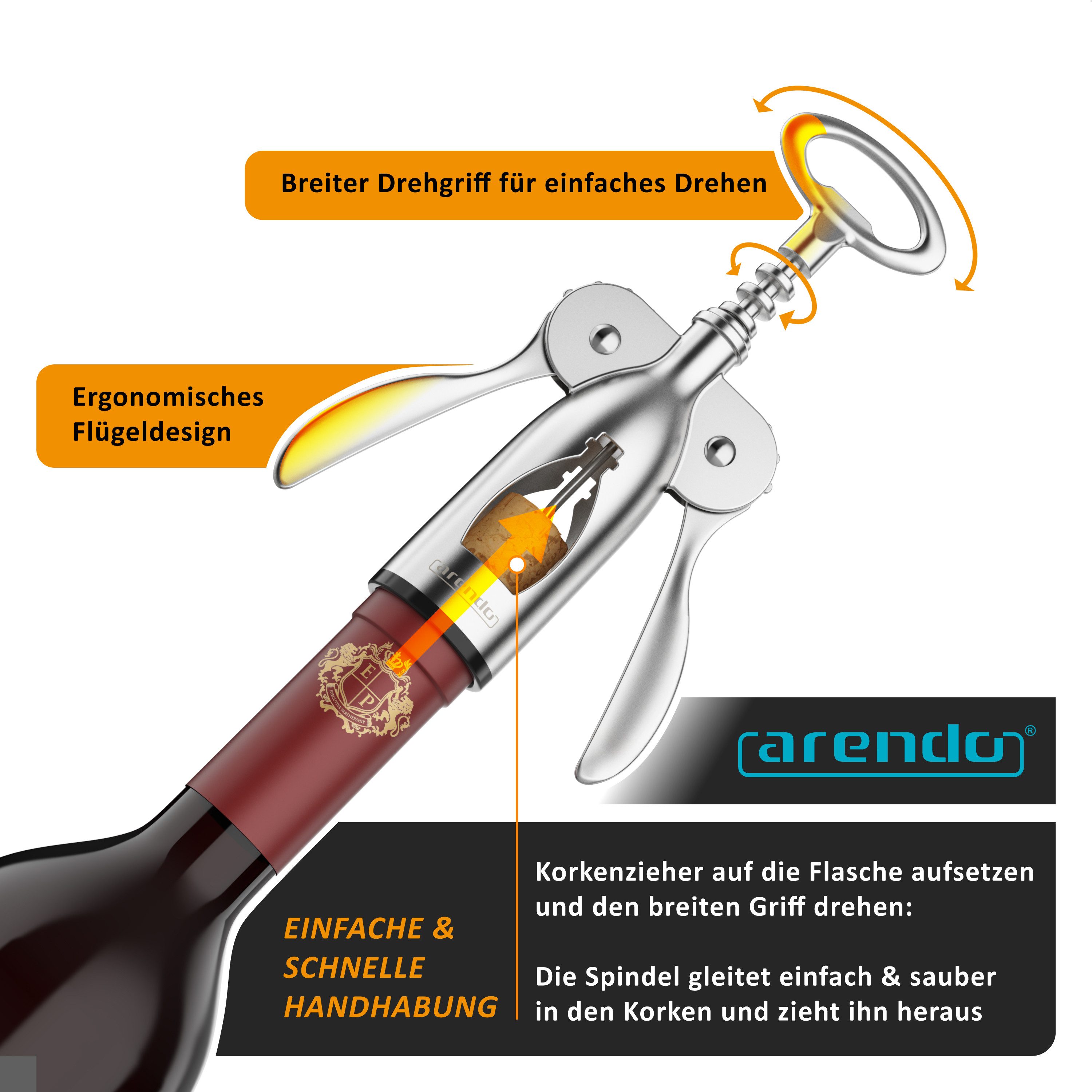 Arendo Korkenzieher Weinöffner, edle Silberoptik & ergonomisches Design für Profis, (1 tlg., Hebelkorkenzieher, Kapselheber, Weinflaschenöffner mit Flaschenöffner), Massive Zinklegierung, leichtgängige Flügelmechanik, stabile Nieten
