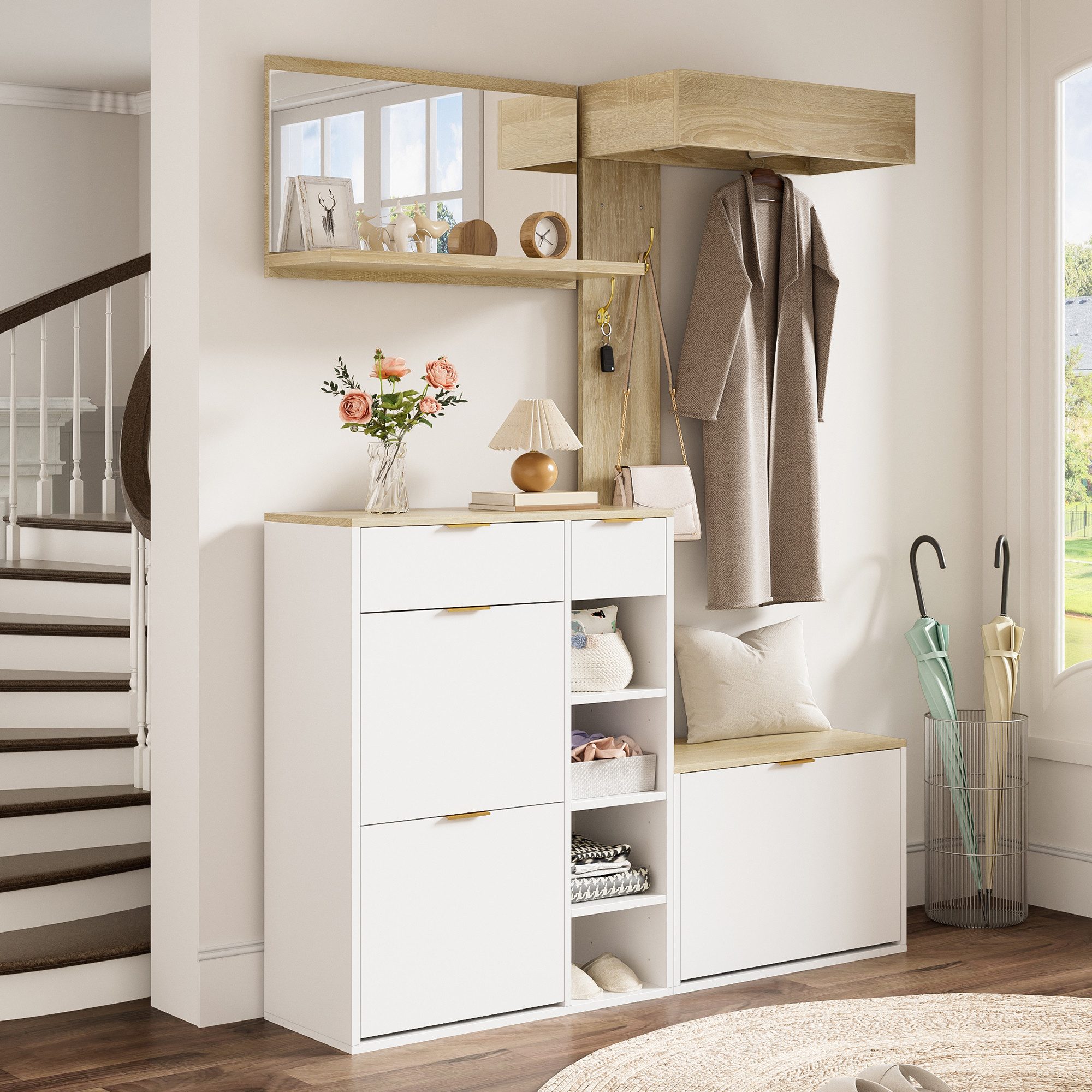 Merax Esszimmer-Set Flurmöbel Komplett 4-teilig mit, (1-St., Schuhschrank,SitzbankWandgarderobe, Spiegel), Garderobenständer Flur Möbel