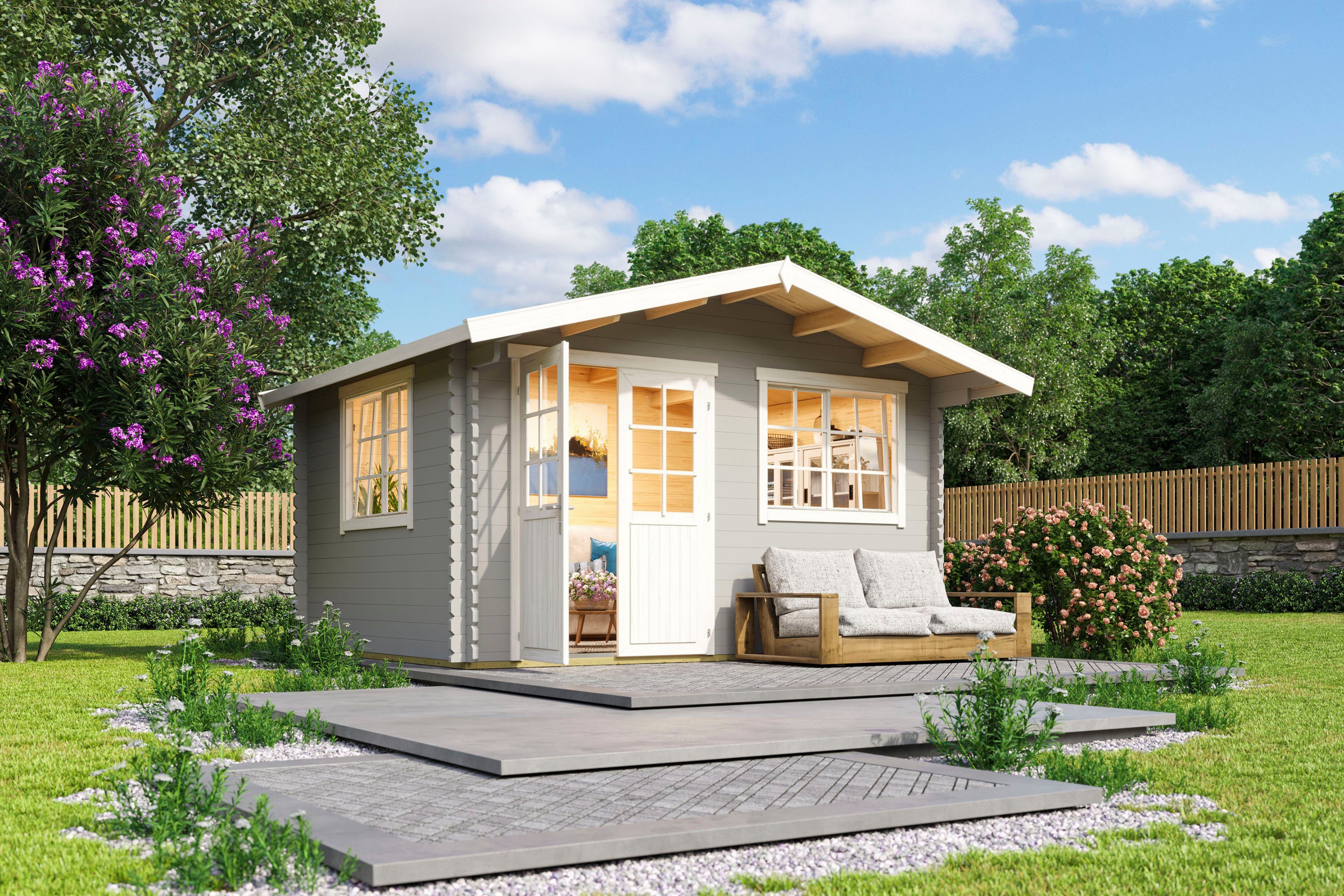 LASITA MAJA Gartenhaus Norderney 2, BxT: 444,6x390 cm, (Set, inkl. Fussbodenbretter zum verlegen), Blockbohlenhaus 40 mm