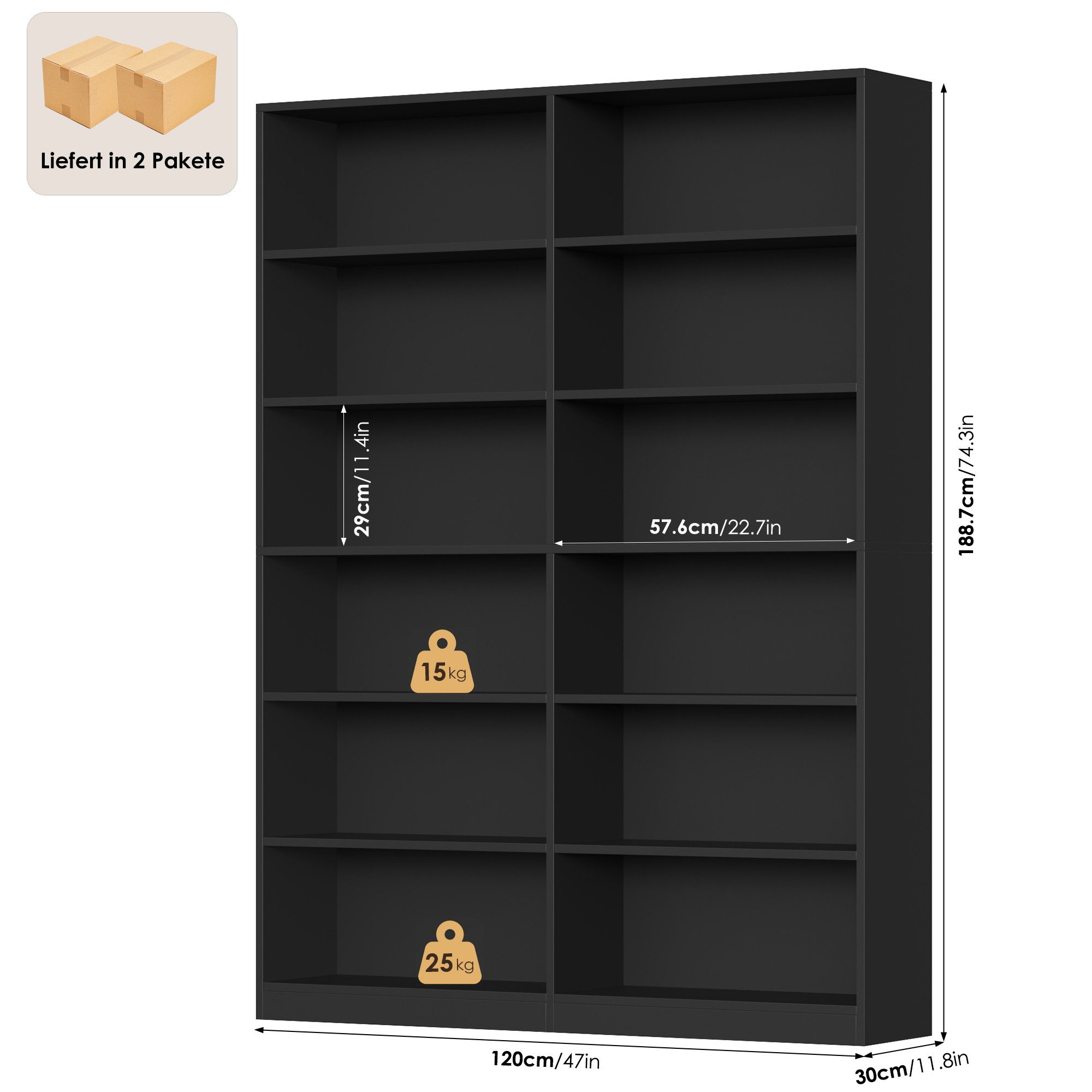 Homfa Bücherregal 188,7cm Standregal Büroregal Raumteiler, mit 12 Fächern, Holz, 120x30x188,7cm